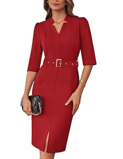Foto 1 | Vestido De Trabajo Grace Karin Con Cuello En V Y Manga 3/4 Rojo Oscuro Xxl - Venta Internacional.