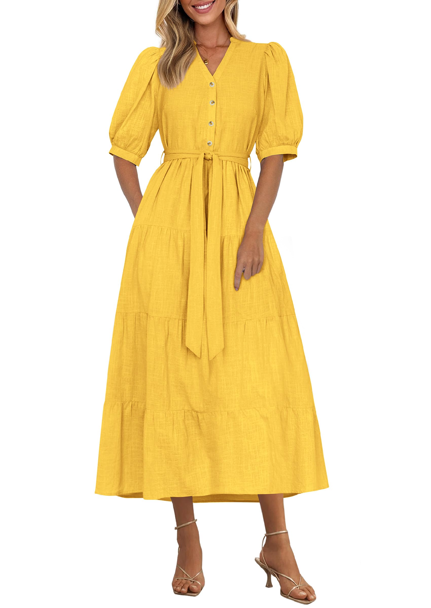 Foto 2 pulgar | Vestido Midi Prettygarden Para Mujer, Verano 2025, Cuello En V Con Bolsillos - Venta Internacional.