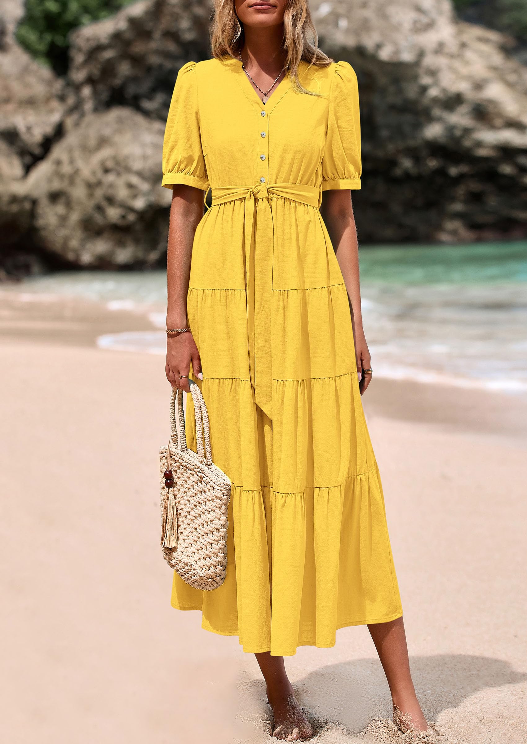 Foto 4 pulgar | Vestido Midi Prettygarden Para Mujer, Verano 2025, Cuello En V Con Bolsillos - Venta Internacional.