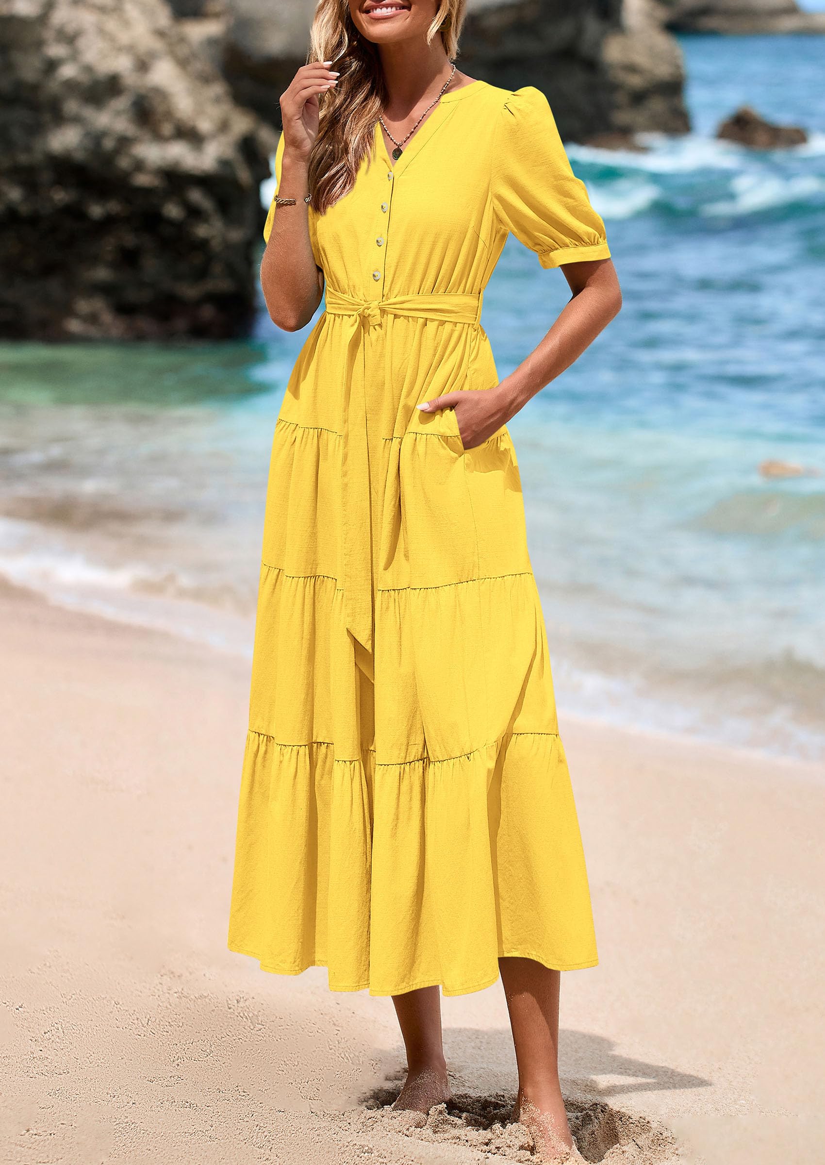 Foto 5 pulgar | Vestido Midi Prettygarden Para Mujer, Verano 2025, Cuello En V Con Bolsillos - Venta Internacional.