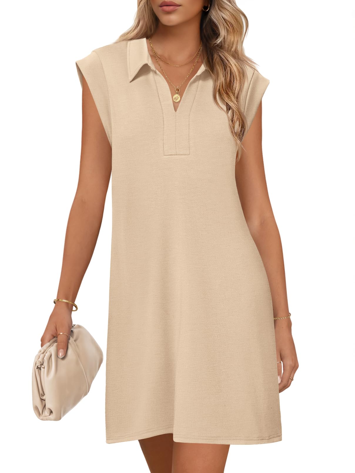 Vestido Merokeety 2025, Verano, Manga Corta, Cuello En V, Holgado, Caqui - Venta Internacional.