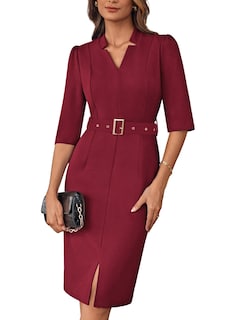 Foto 1 | Vestido De Trabajo Grace Karin Con Cuello En V Y Manga 3/4, Color Rojo Vino Con Cinturón S - Venta Internacional.