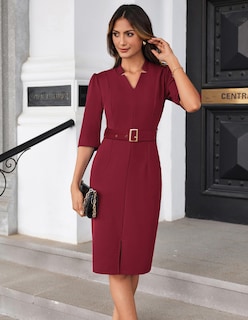 Foto 3 | Vestido De Trabajo Grace Karin Con Cuello En V Y Manga 3/4, Color Rojo Vino Con Cinturón S - Venta Internacional.