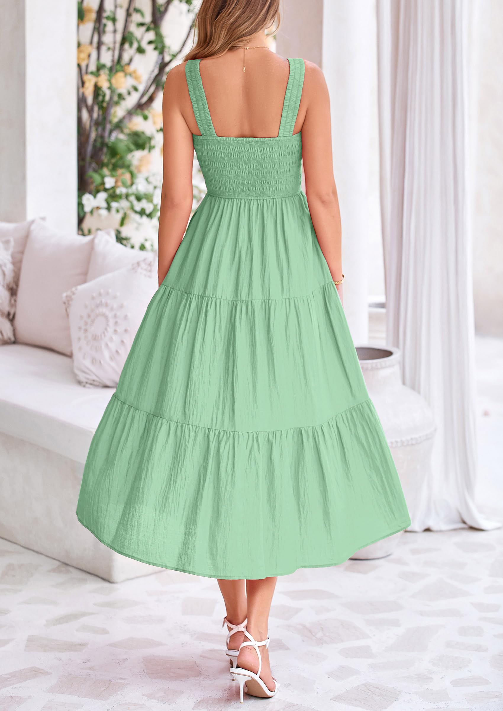 Foto 3 pulgar | Vestido Prettygarden Para Mujer, A Media Pierna, Fruncido, Color Verde Alubia - Venta Internacional.