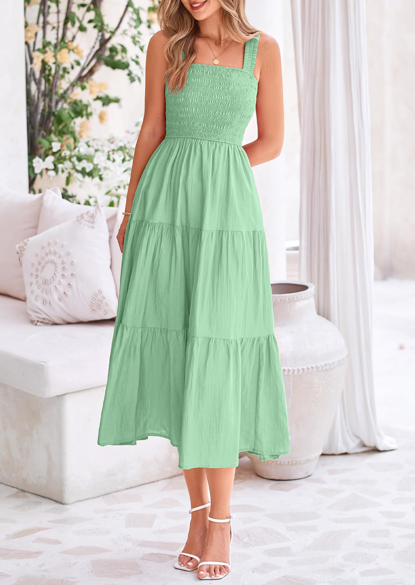 Foto 4 pulgar | Vestido Prettygarden Para Mujer, A Media Pierna, Fruncido, Color Verde Alubia - Venta Internacional.