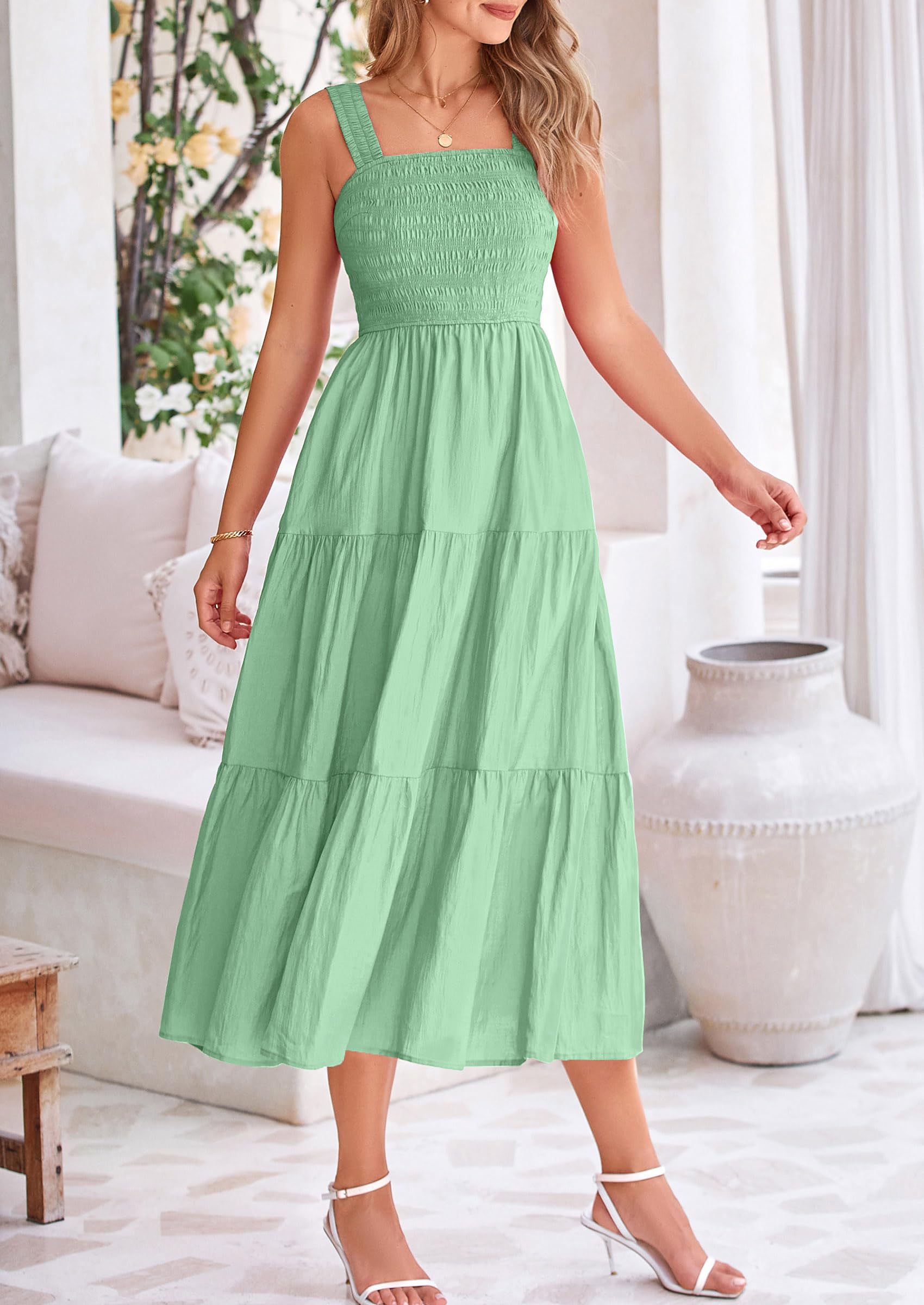 Foto 5 pulgar | Vestido Prettygarden Para Mujer, A Media Pierna, Fruncido, Color Verde Alubia - Venta Internacional.