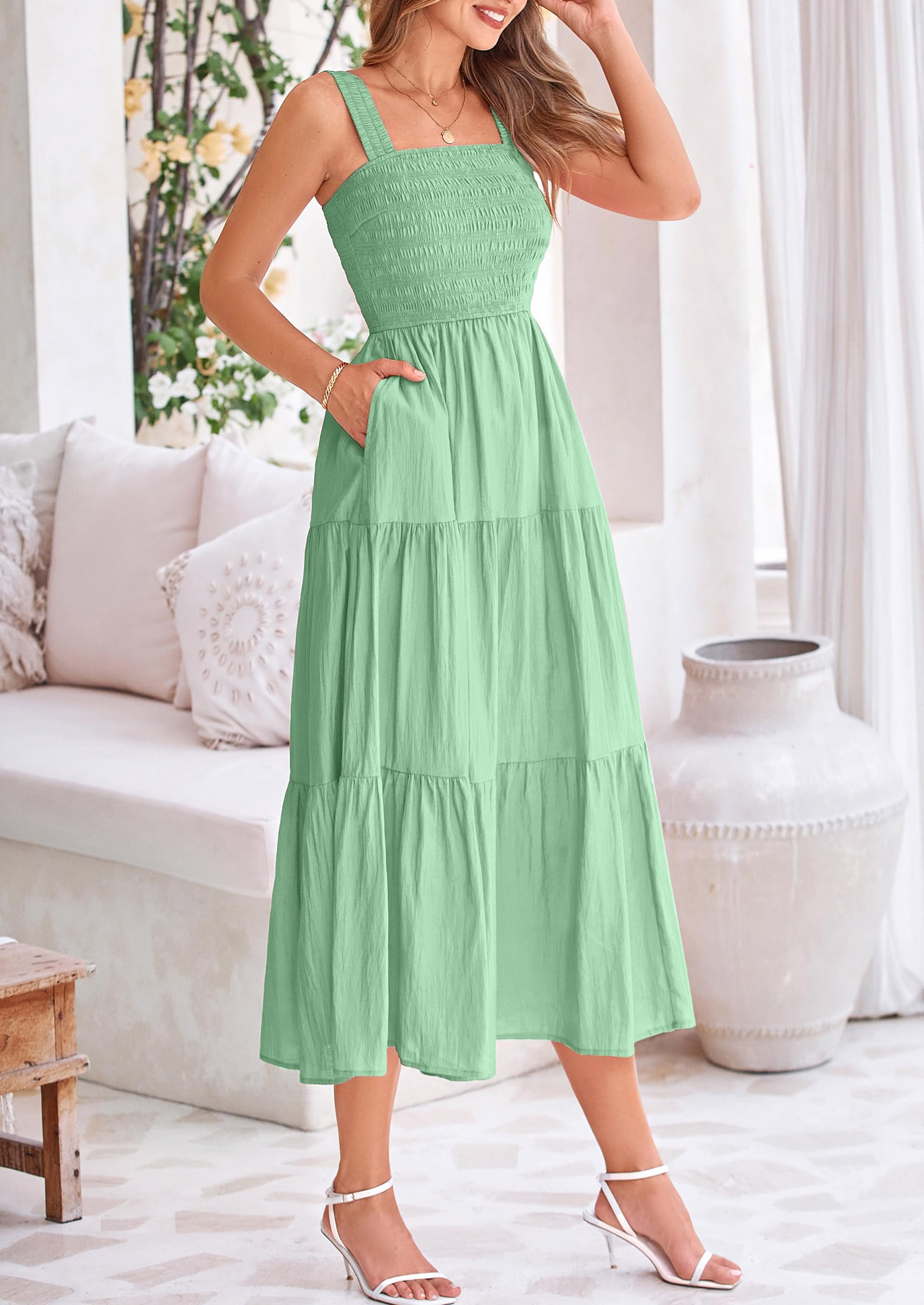 Foto 8 pulgar | Vestido Prettygarden Para Mujer, A Media Pierna, Fruncido, Color Verde Alubia - Venta Internacional.