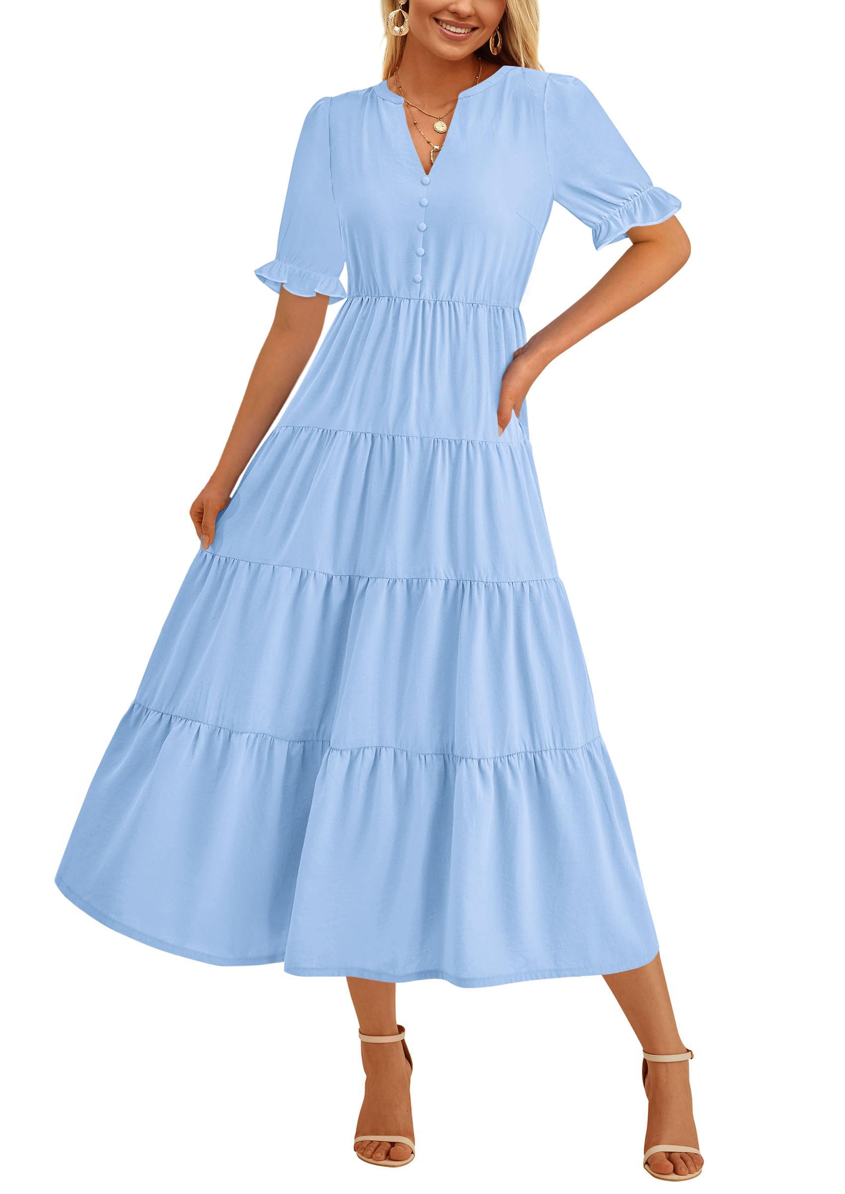 Foto 2 pulgar | Vestido Midi Prettygarden Para Mujer, Casual, Verano 2025, Azul Claro - Venta Internacional.