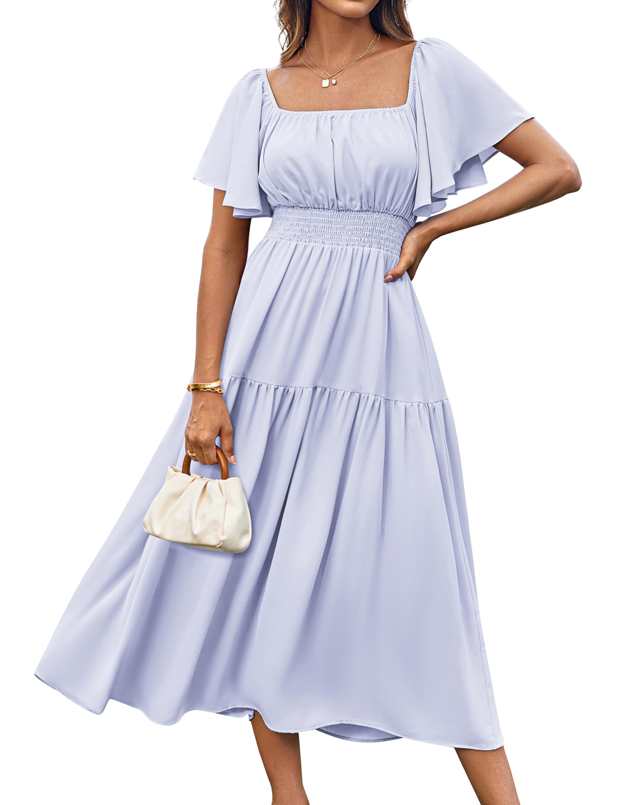 Vestido Midi Grace Karin Con Volantes, Manga Corta, Cuello Cuadrado, Morado - Venta Internacional.