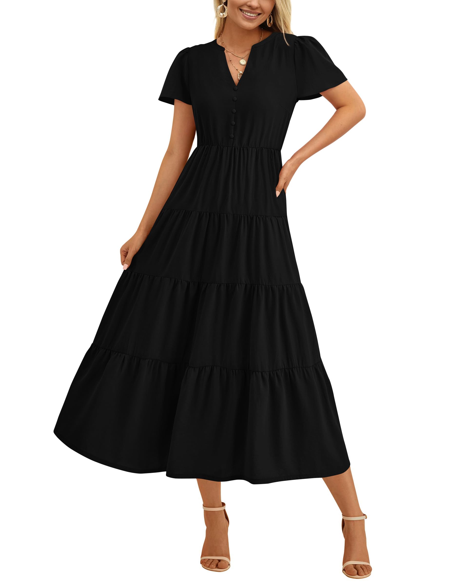 Foto 2 pulgar | Vestido Negro Prettygarden para Mujer Midi Manga Corta Cuello en V - Venta Internacional