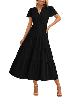 Foto 1 | Vestido Negro Prettygarden para Mujer Midi Manga Corta Cuello en V - Venta Internacional