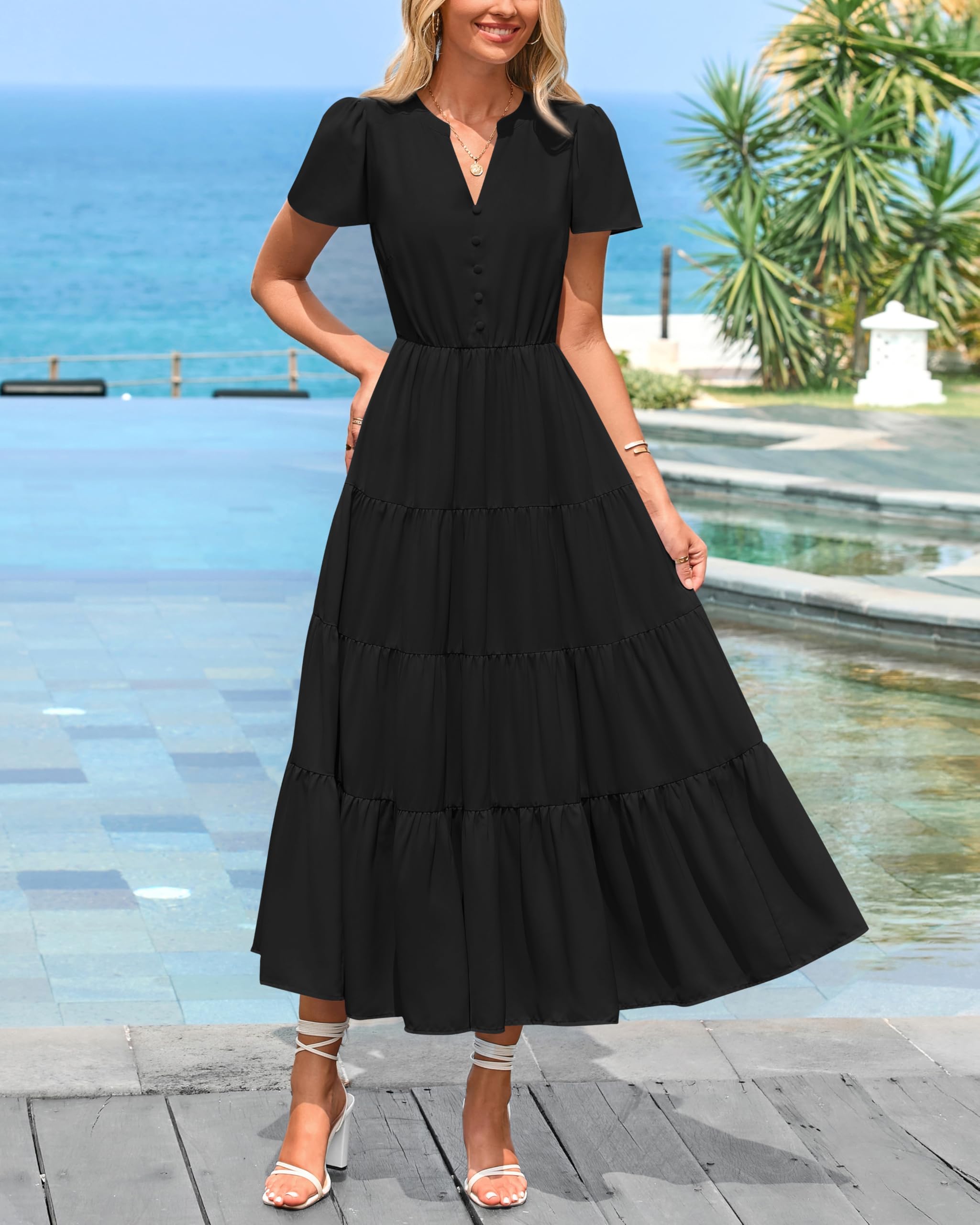 Foto 3 pulgar | Vestido Negro Prettygarden para Mujer Midi Manga Corta Cuello en V - Venta Internacional
