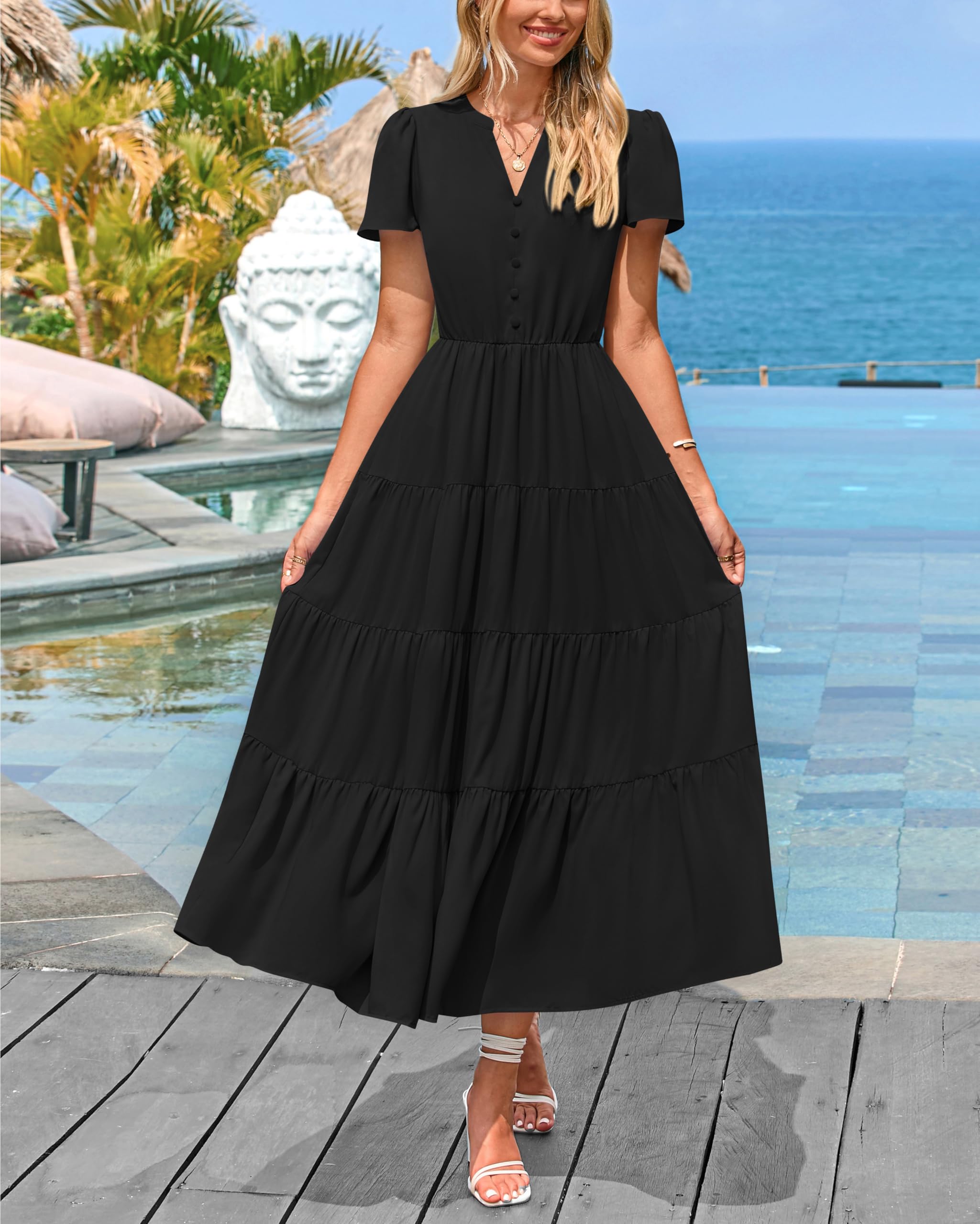 Foto 4 pulgar | Vestido Negro Prettygarden para Mujer Midi Manga Corta Cuello en V - Venta Internacional