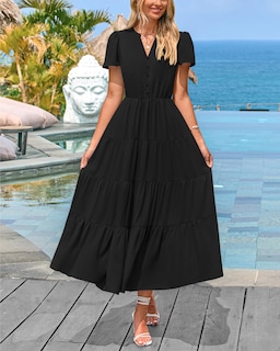 Foto 3 | Vestido Negro Prettygarden para Mujer Midi Manga Corta Cuello en V - Venta Internacional