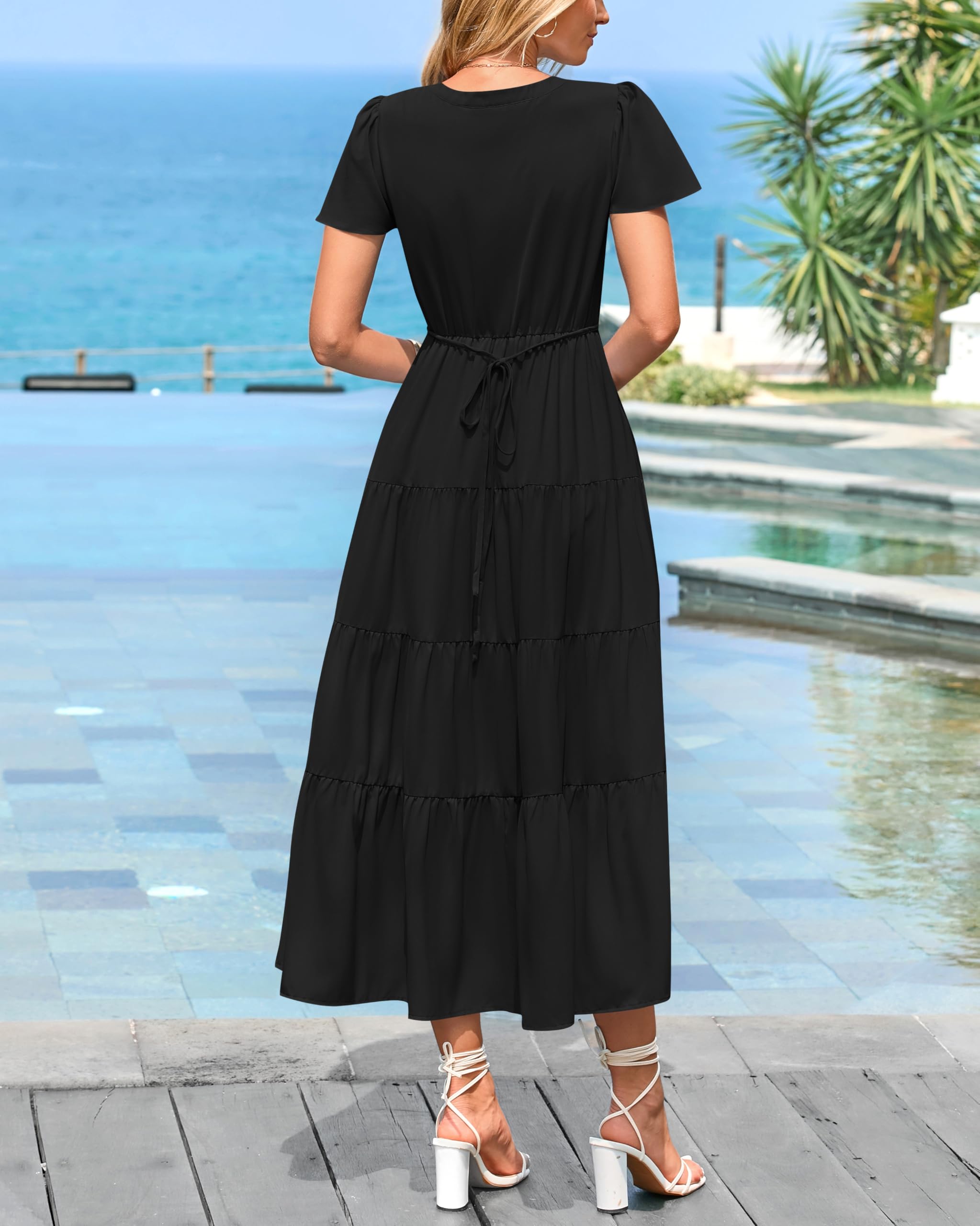 Foto 6 pulgar | Vestido Negro Prettygarden para Mujer Midi Manga Corta Cuello en V - Venta Internacional