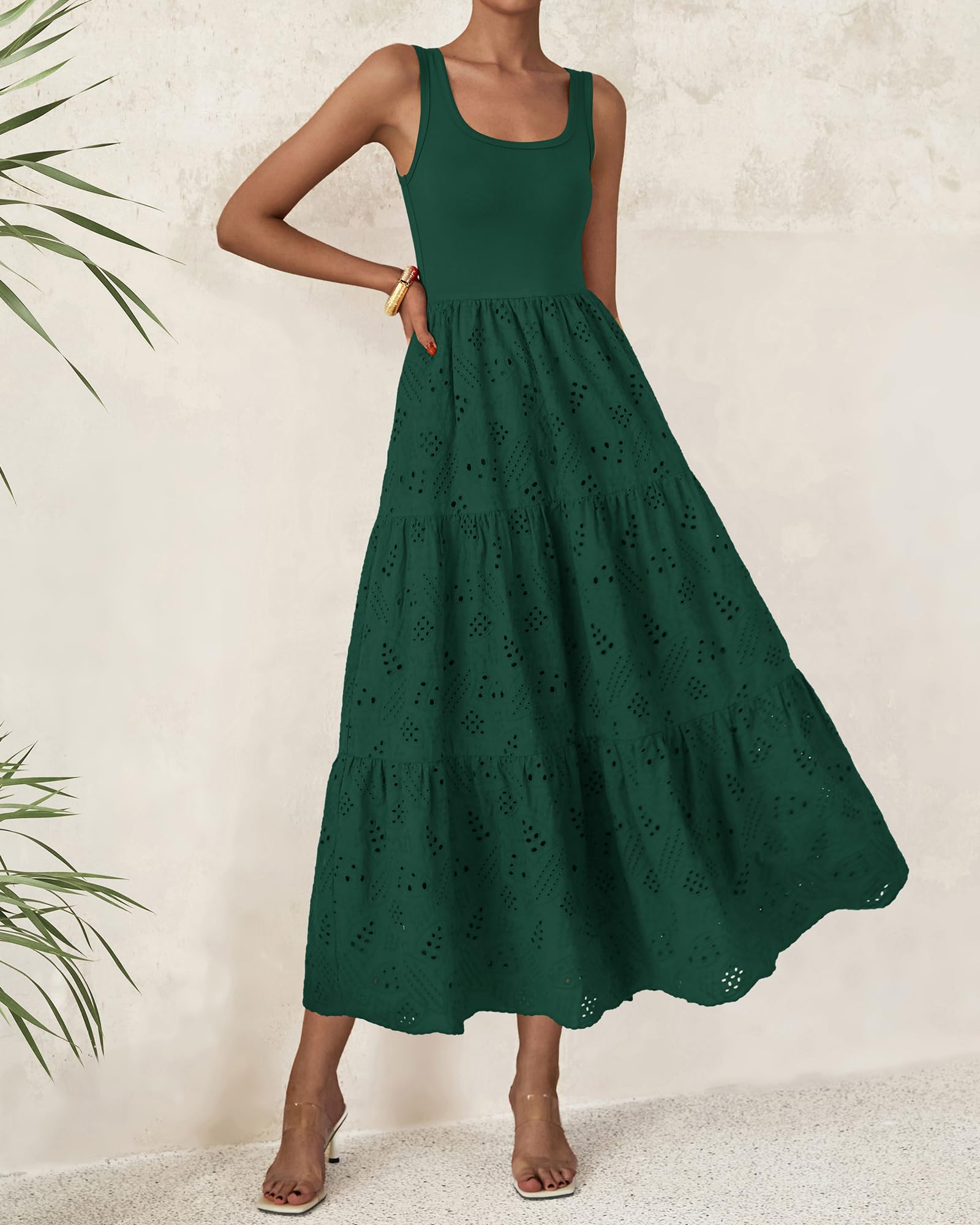 Foto 3 pulgar | Vestido Midi Btfbm Para Mujer, Con Ojales De Verano, Sin Mangas, Verde Oscuro - Venta Internacional.