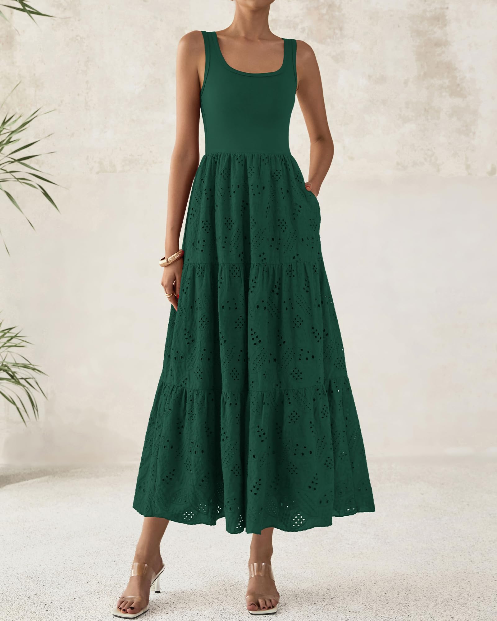 Foto 4 pulgar | Vestido Midi Btfbm Para Mujer, Con Ojales De Verano, Sin Mangas, Verde Oscuro - Venta Internacional.