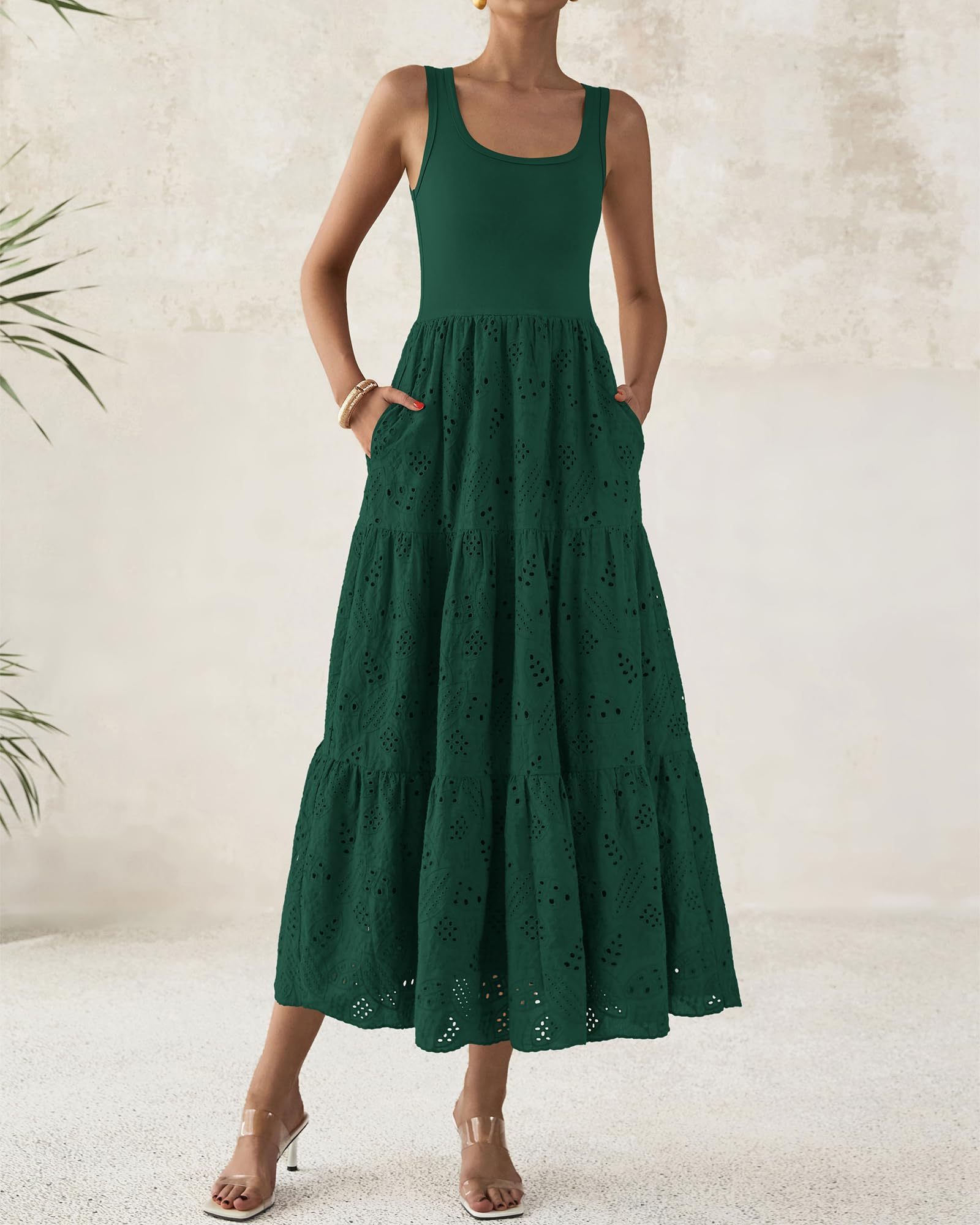 Foto 6 pulgar | Vestido Midi Btfbm Para Mujer, Con Ojales De Verano, Sin Mangas, Verde Oscuro - Venta Internacional.