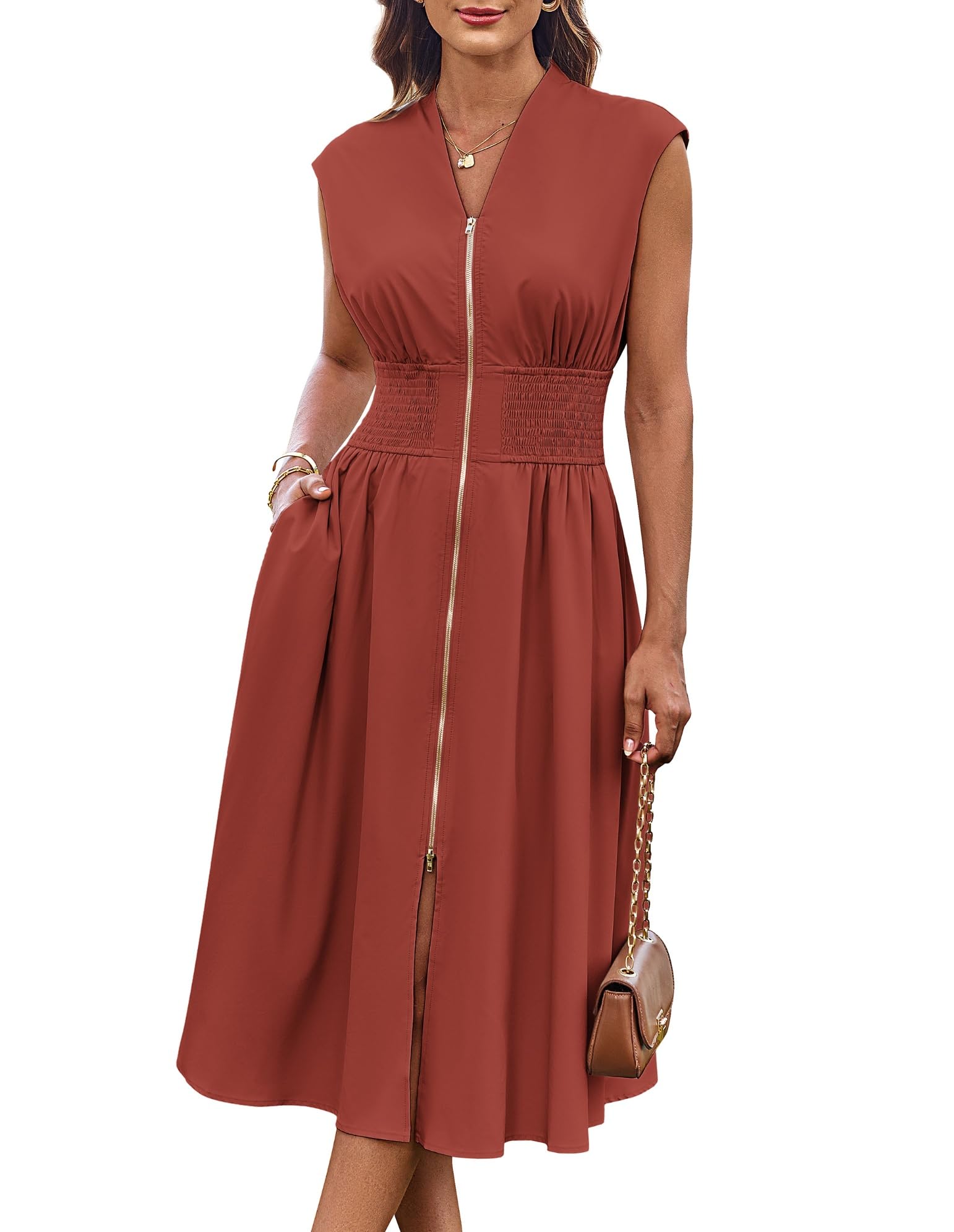 Vestido Grace Karin, Formal, Verano, Trabajo 2025, Moderno, Rojo Oxidado, L - Venta Internacional.