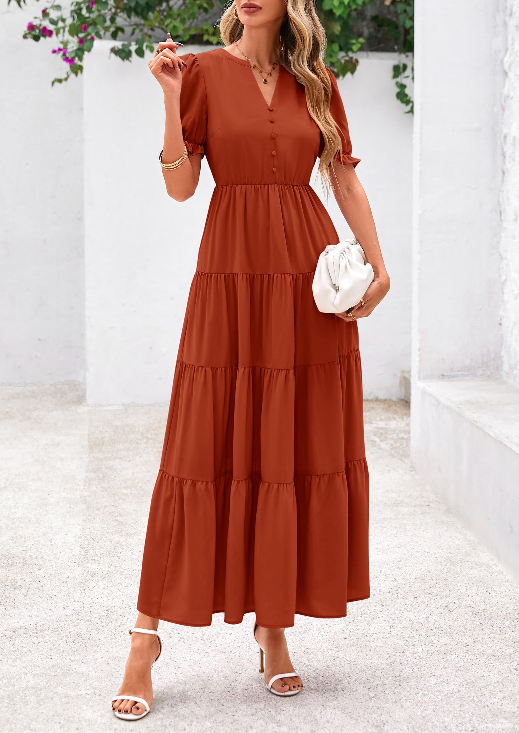 Foto 4 pulgar | Vestido Midi Prettygarden Para Mujer, Casual, Verano 2025, Rojo Ladrillo - Venta Internacional.