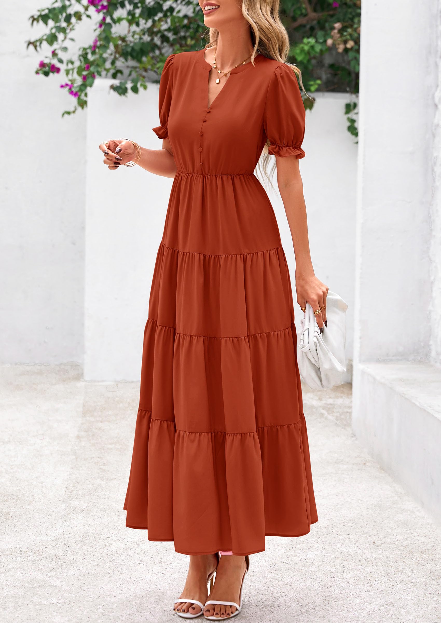 Foto 5 pulgar | Vestido Midi Prettygarden Para Mujer, Casual, Verano 2025, Rojo Ladrillo - Venta Internacional.