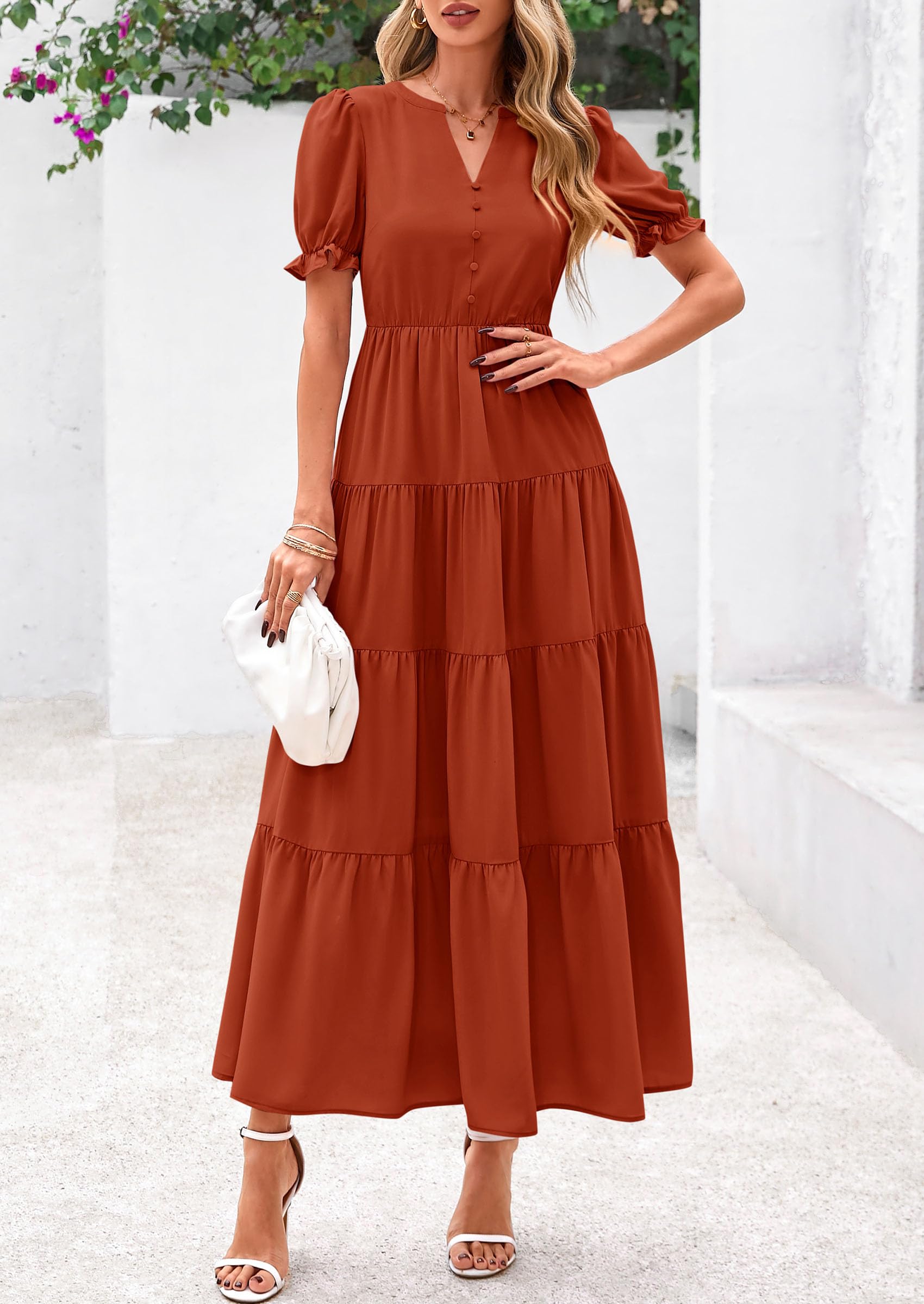 Foto 7 pulgar | Vestido Midi Prettygarden Para Mujer, Casual, Verano 2025, Rojo Ladrillo - Venta Internacional.
