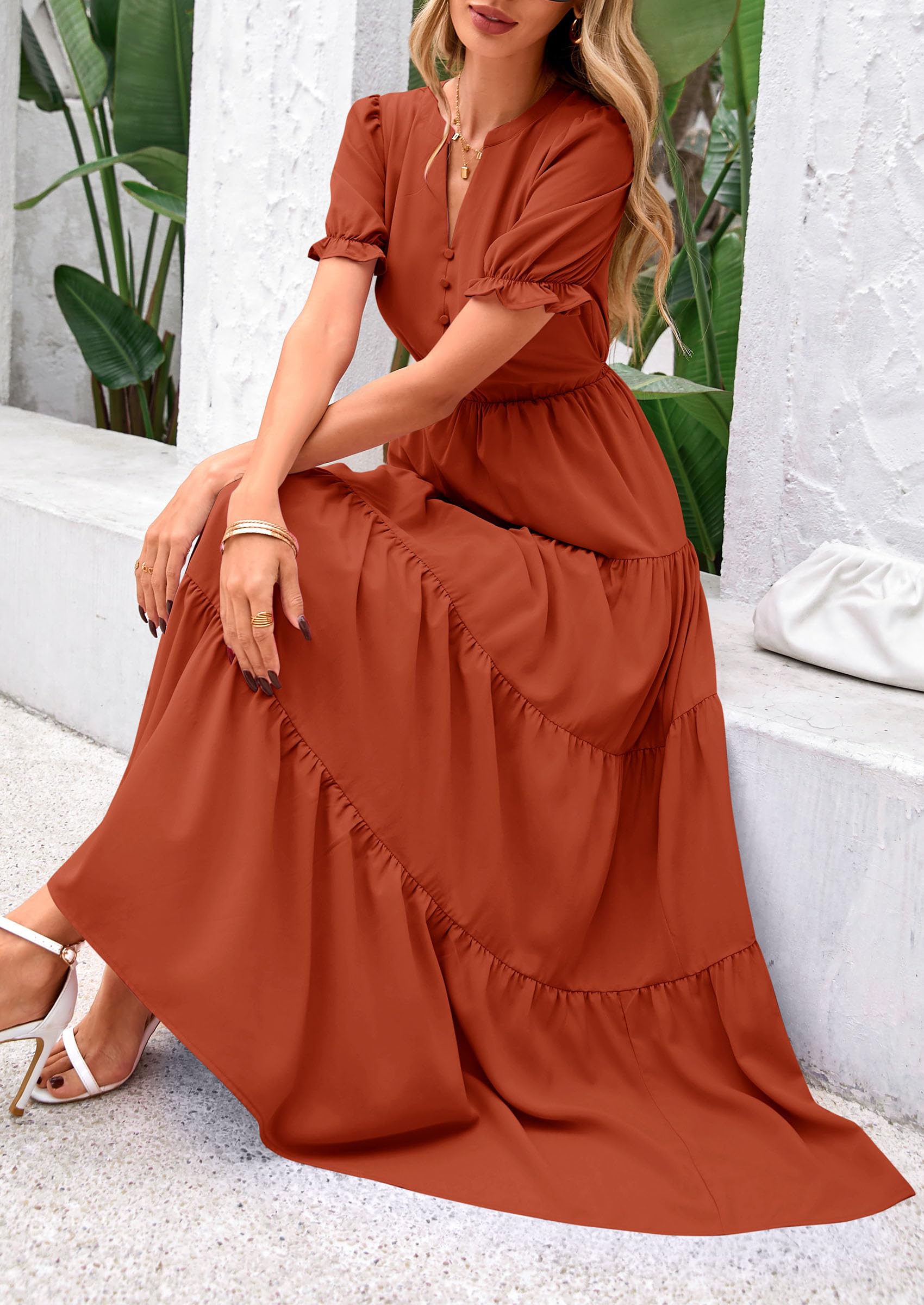 Foto 8 pulgar | Vestido Midi Prettygarden Para Mujer, Casual, Verano 2025, Rojo Ladrillo - Venta Internacional.