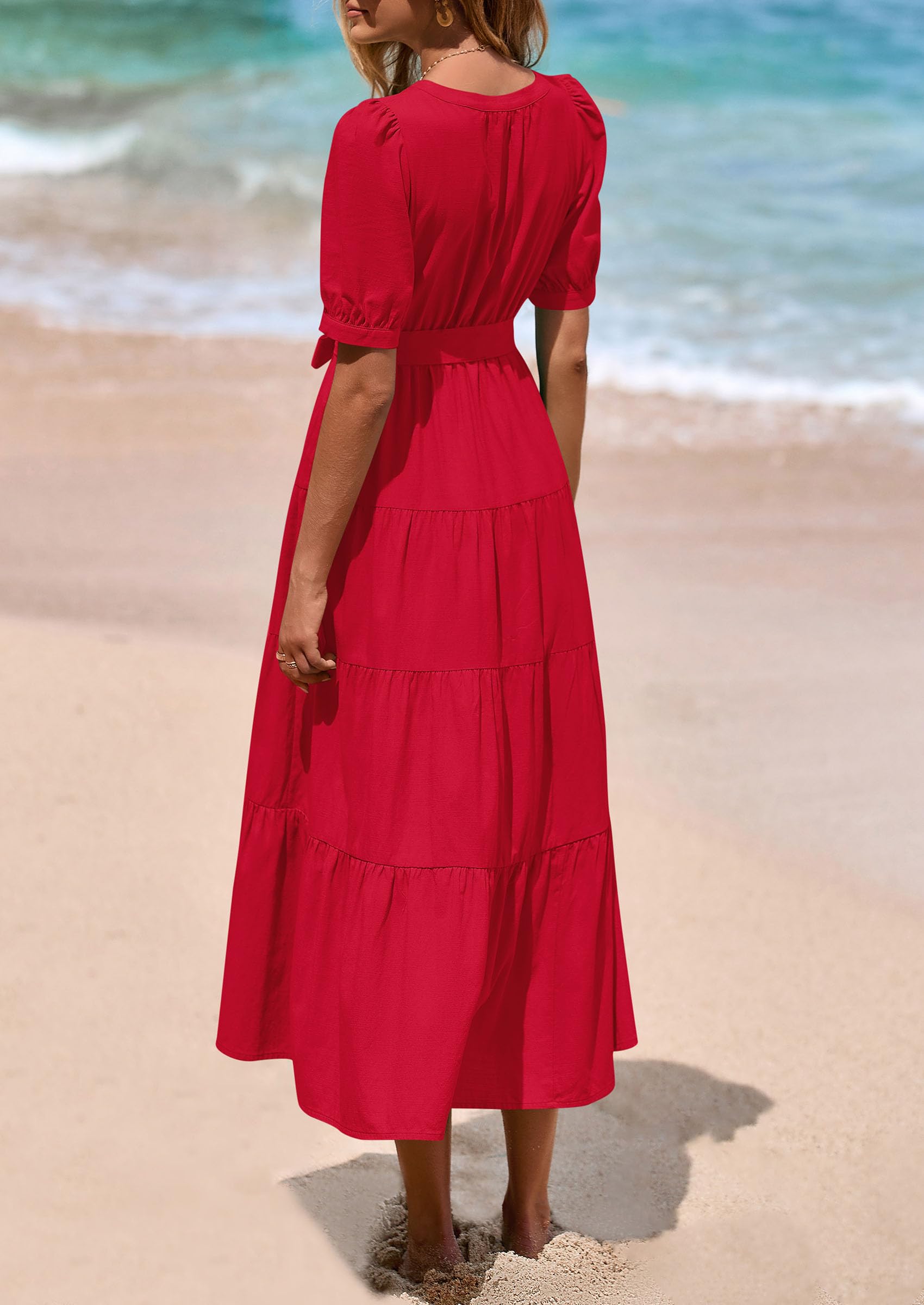 Foto 2 | Vestido Midi Prettygarden 2025 Con Cuello En V Y Manga Corta Rojo - Venta Internacional.