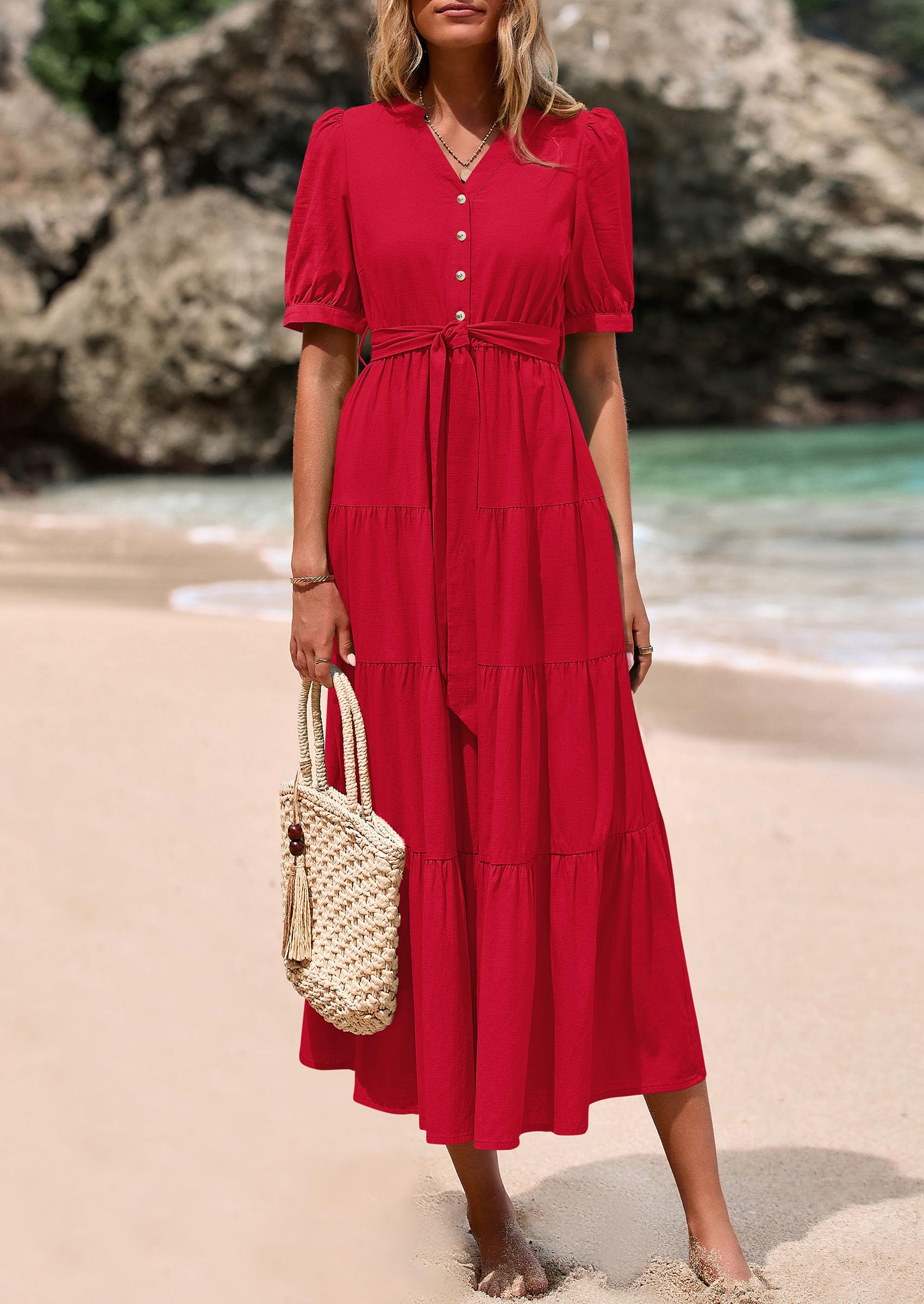 Foto 4 pulgar | Vestido Midi Prettygarden 2025 Con Cuello En V Y Manga Corta Rojo - Venta Internacional.