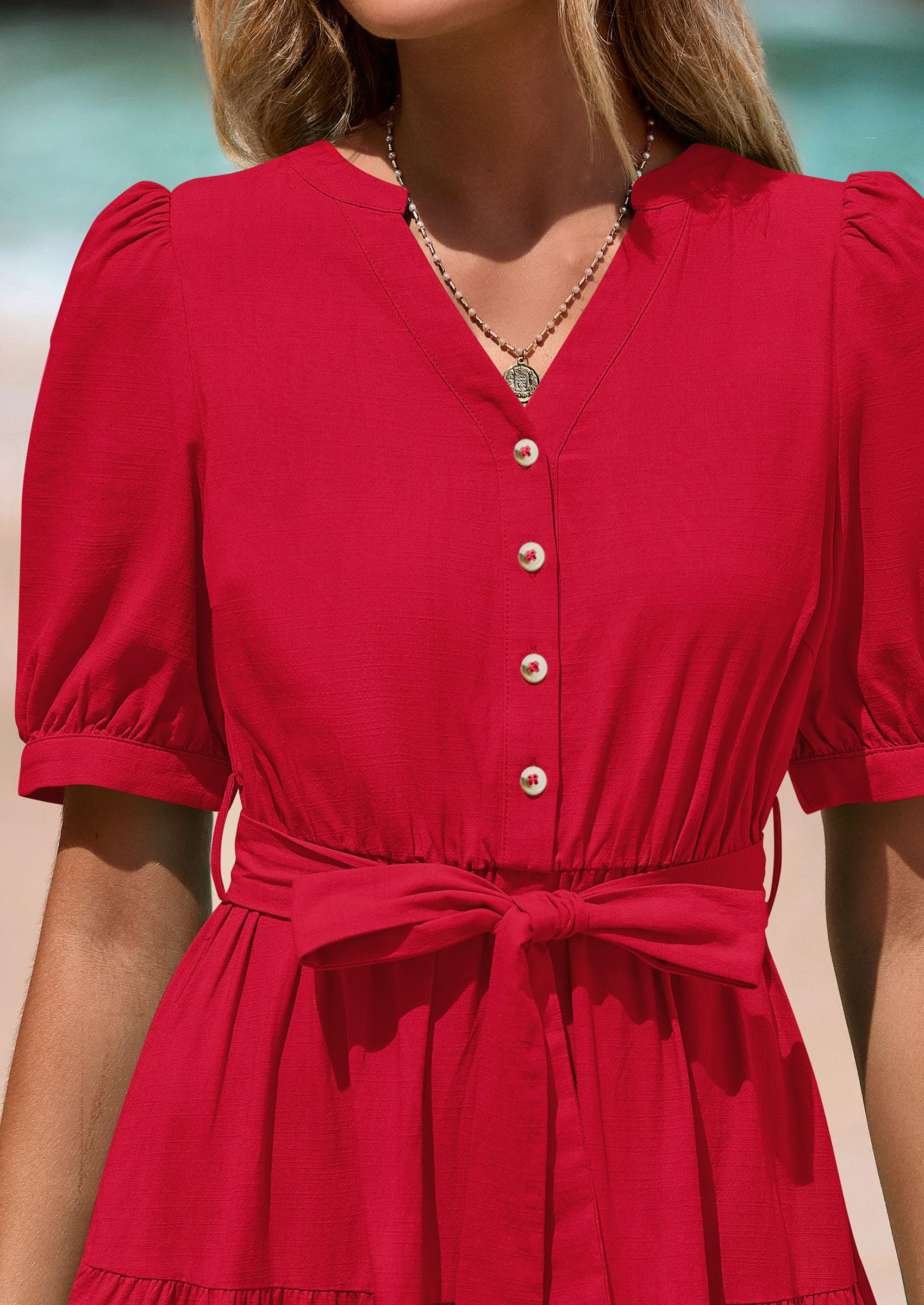 Foto 5 | Vestido Midi Prettygarden 2025 Con Cuello En V Y Manga Corta Rojo - Venta Internacional.