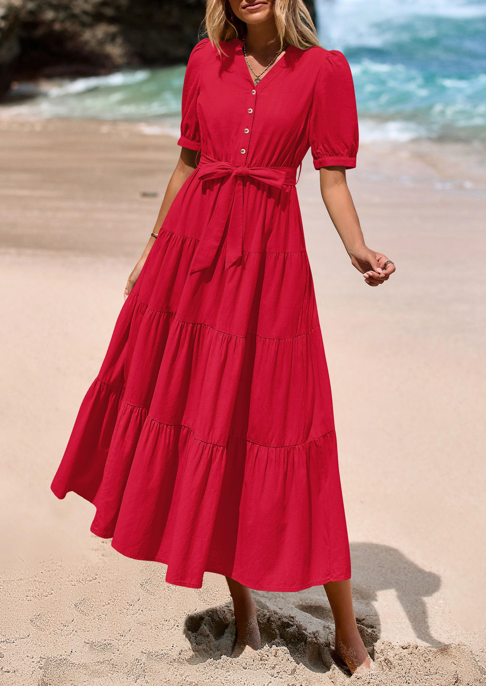 Foto 8 pulgar | Vestido Midi Prettygarden 2025 Con Cuello En V Y Manga Corta Rojo - Venta Internacional.