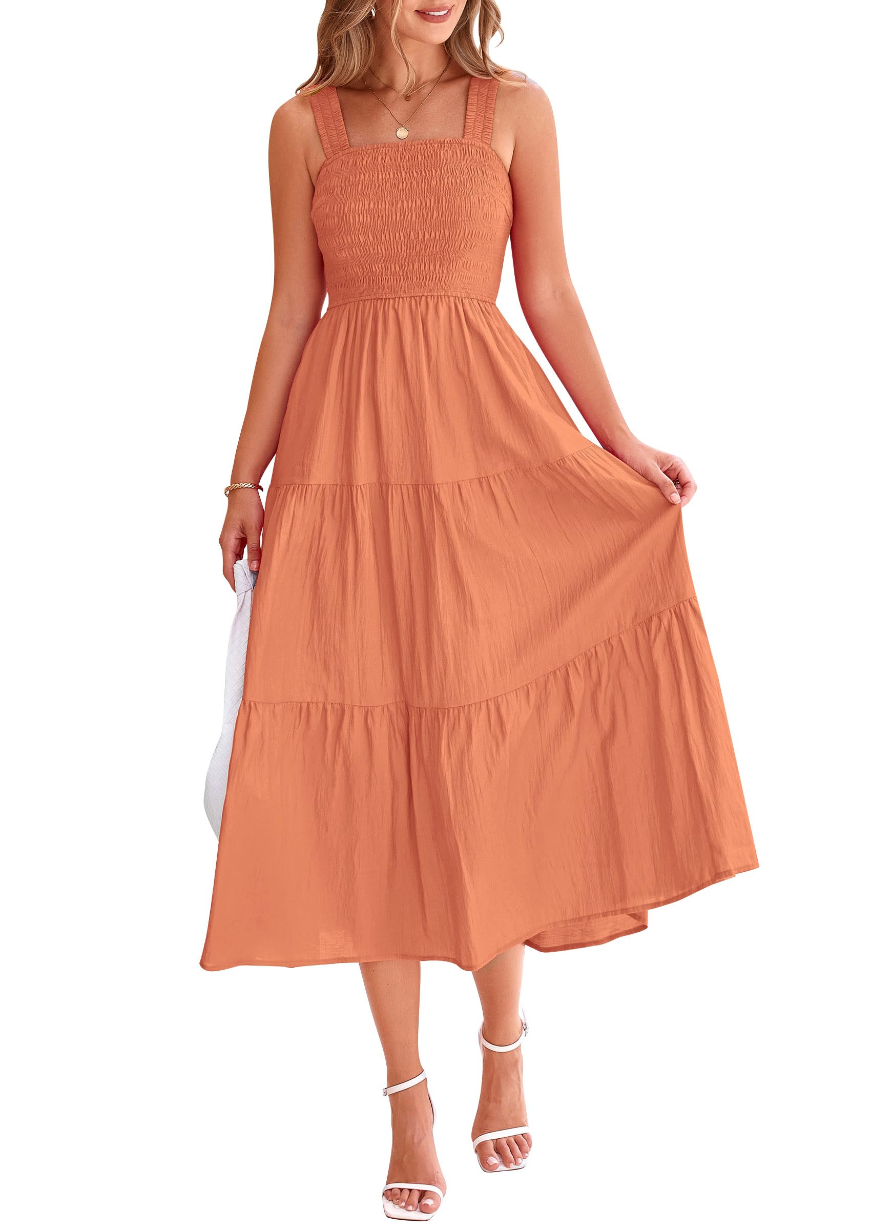 Foto 2 pulgar | Vestido Prettygarden Para Mujer, Midi, Fruncido, De Verano, Marrón Y Naranja - Venta Internacional.