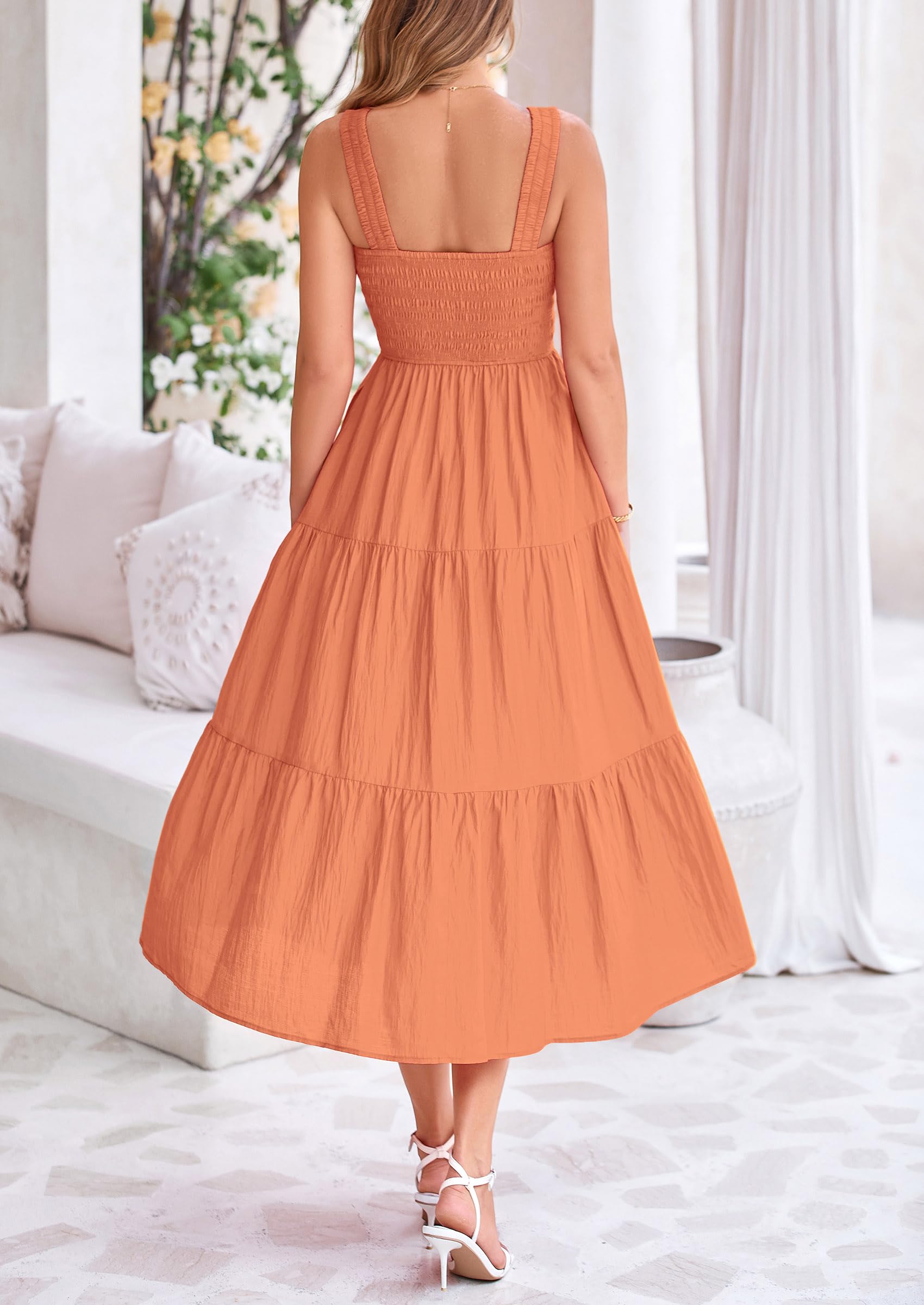 Foto 3 pulgar | Vestido Prettygarden Para Mujer, Midi, Fruncido, De Verano, Marrón Y Naranja - Venta Internacional.