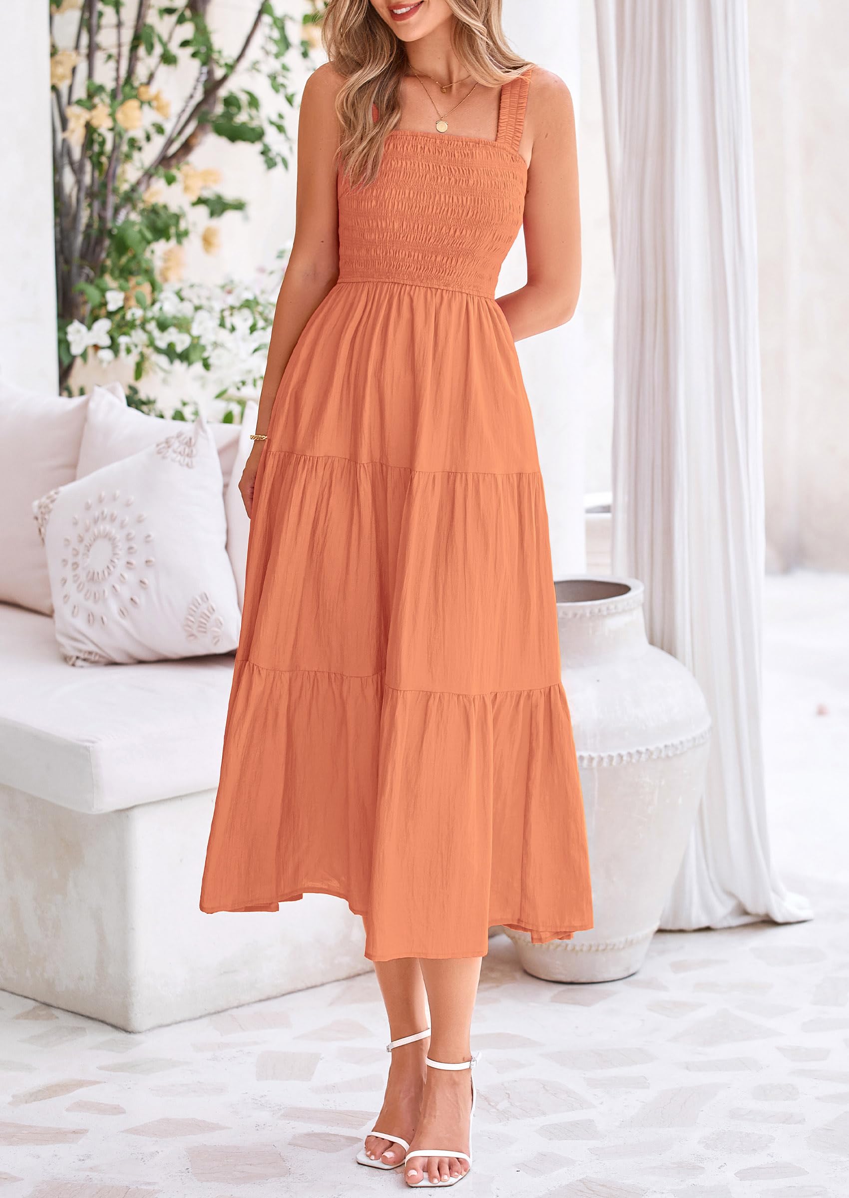 Foto 4 pulgar | Vestido Prettygarden Para Mujer, Midi, Fruncido, De Verano, Marrón Y Naranja - Venta Internacional.