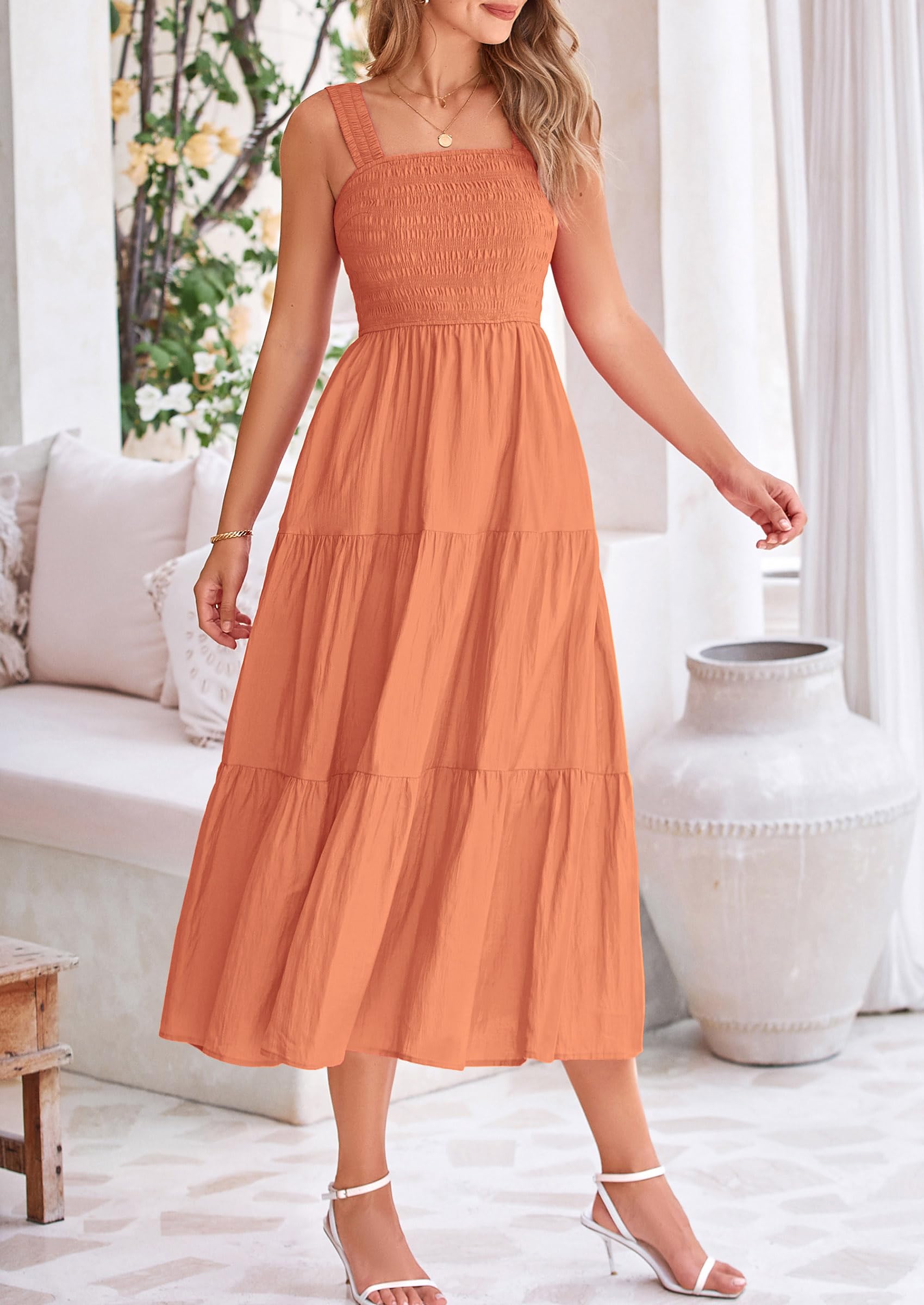 Foto 5 pulgar | Vestido Prettygarden Para Mujer, Midi, Fruncido, De Verano, Marrón Y Naranja - Venta Internacional.