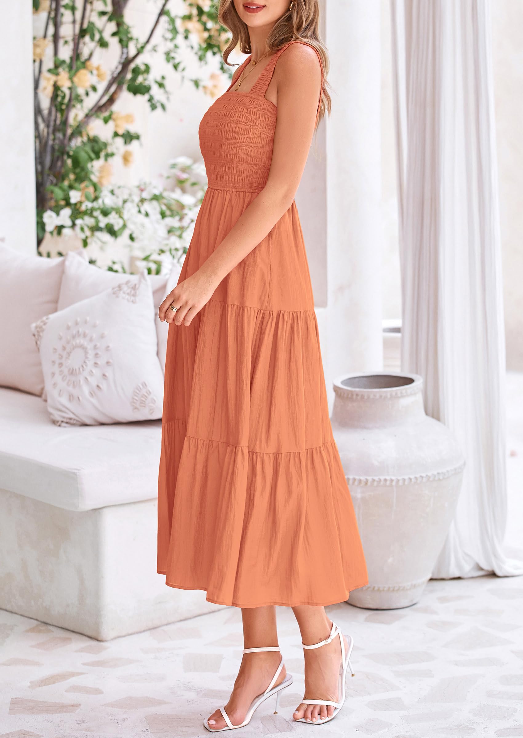 Foto 6 pulgar | Vestido Prettygarden Para Mujer, Midi, Fruncido, De Verano, Marrón Y Naranja - Venta Internacional.