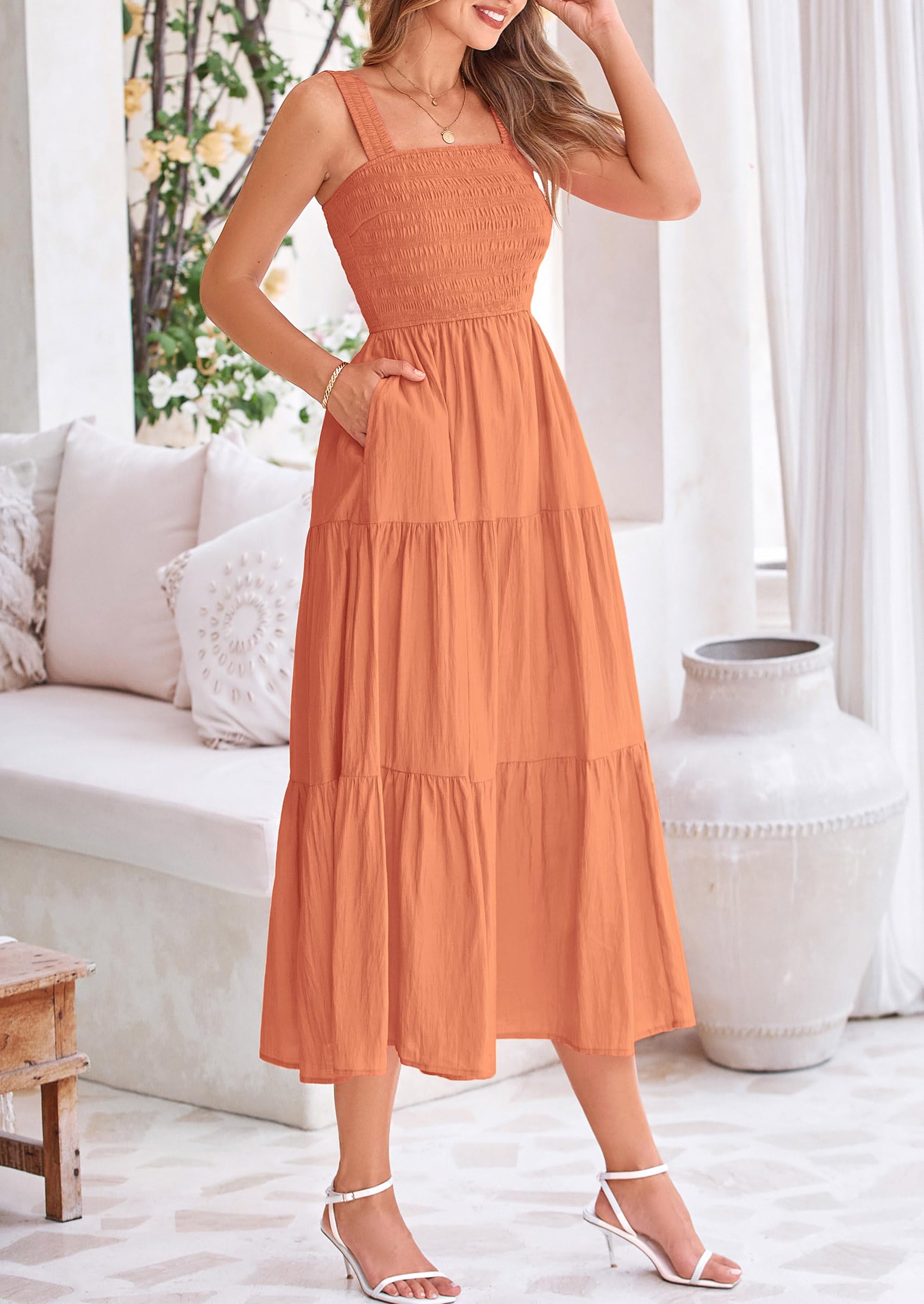 Foto 8 pulgar | Vestido Prettygarden Para Mujer, Midi, Fruncido, De Verano, Marrón Y Naranja - Venta Internacional.