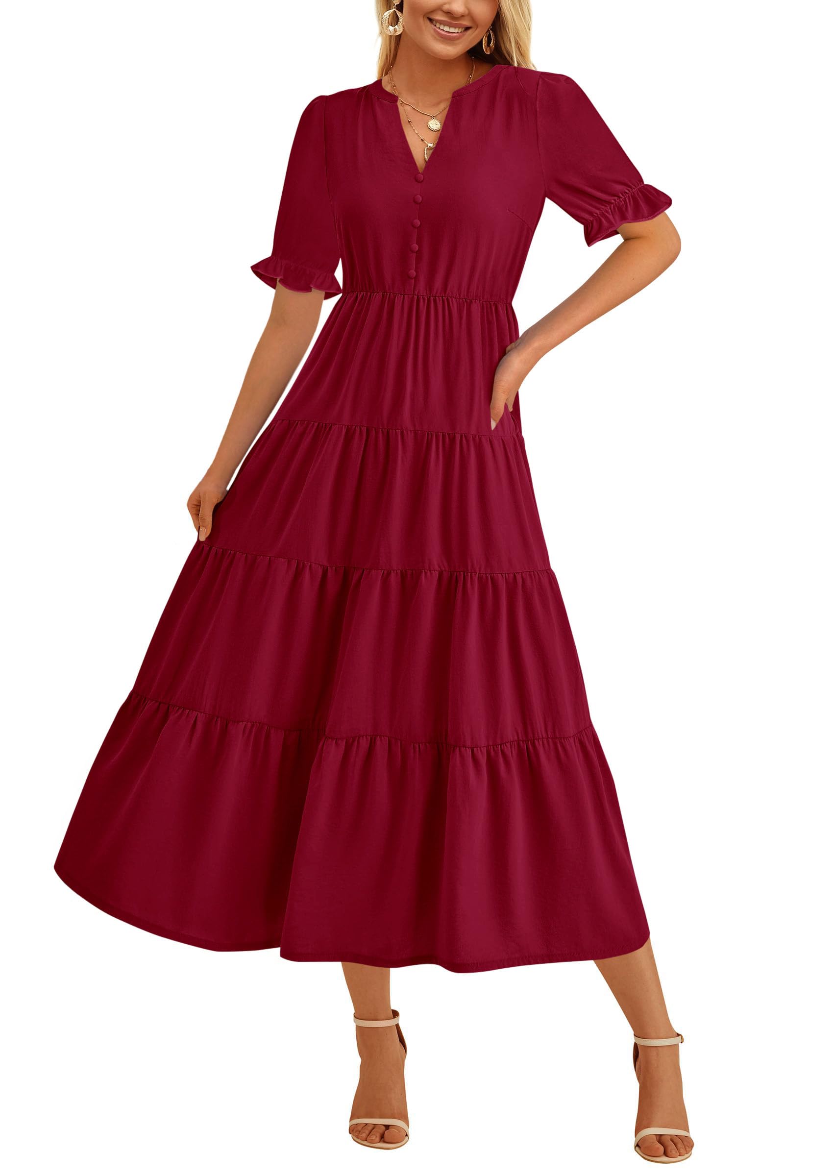 Vestido Midi Prettygarden Para Mujer, Casual, Verano 2025, Rojo Vino - Venta Internacional.