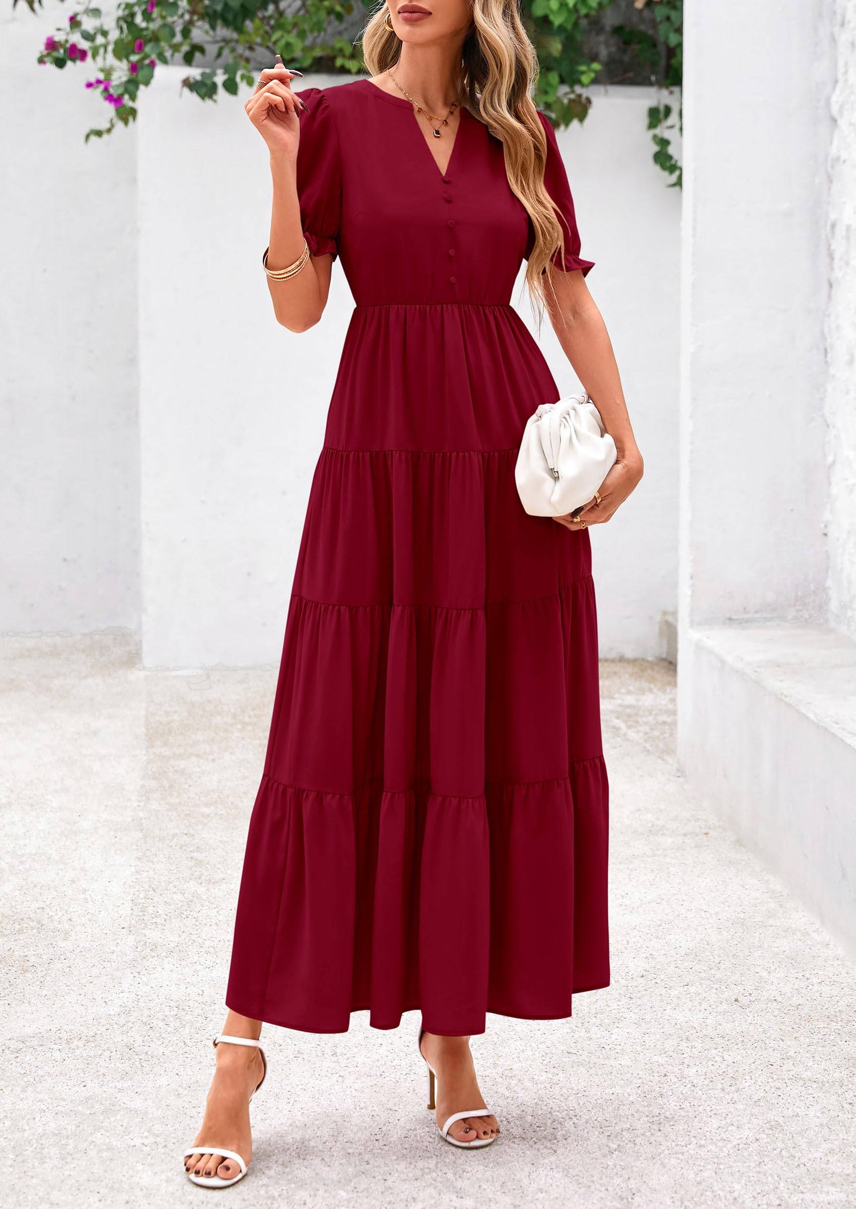 Foto 4 pulgar | Vestido Midi Prettygarden Para Mujer, Casual, Verano 2025, Rojo Vino - Venta Internacional.