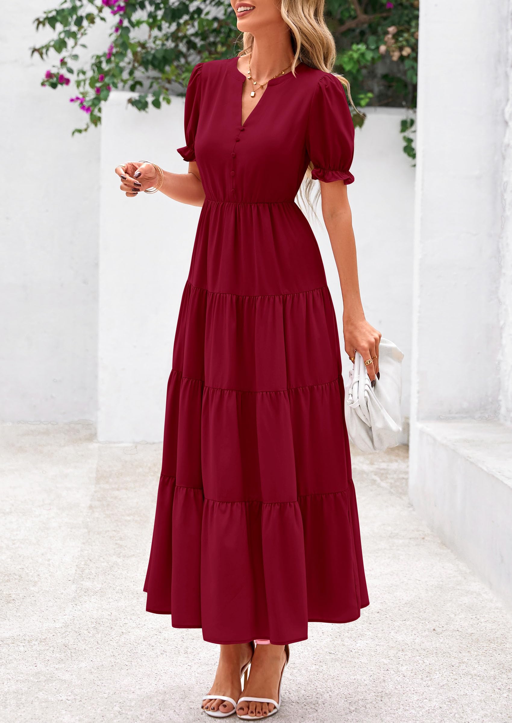 Foto 5 pulgar | Vestido Midi Prettygarden Para Mujer, Casual, Verano 2025, Rojo Vino - Venta Internacional.