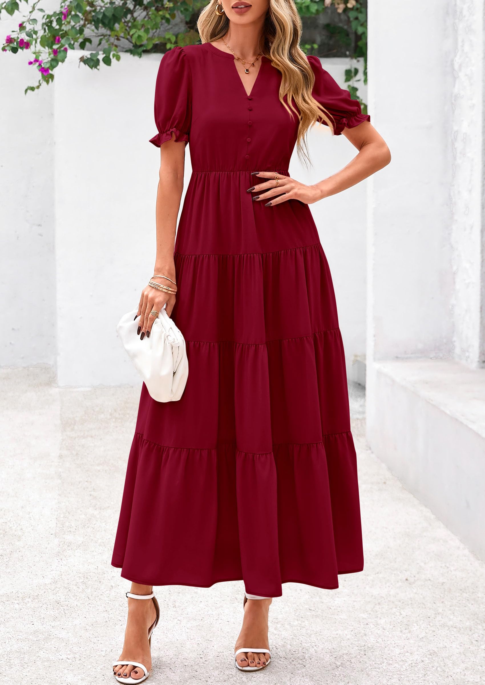Foto 7 pulgar | Vestido Midi Prettygarden Para Mujer, Casual, Verano 2025, Rojo Vino - Venta Internacional.