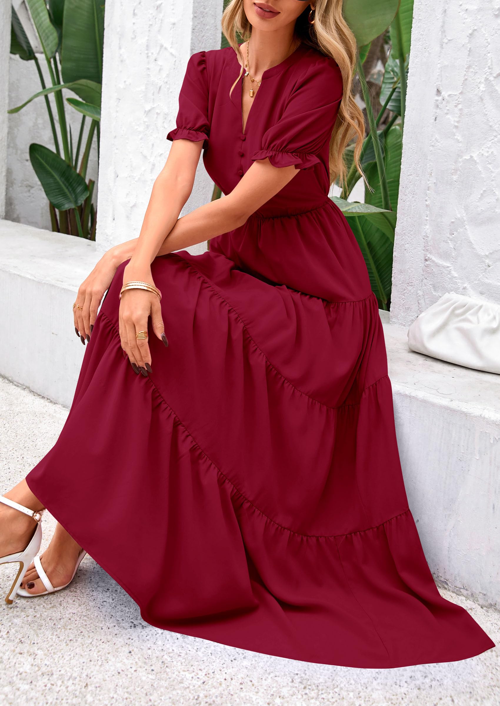 Foto 8 pulgar | Vestido Midi Prettygarden Para Mujer, Casual, Verano 2025, Rojo Vino - Venta Internacional.