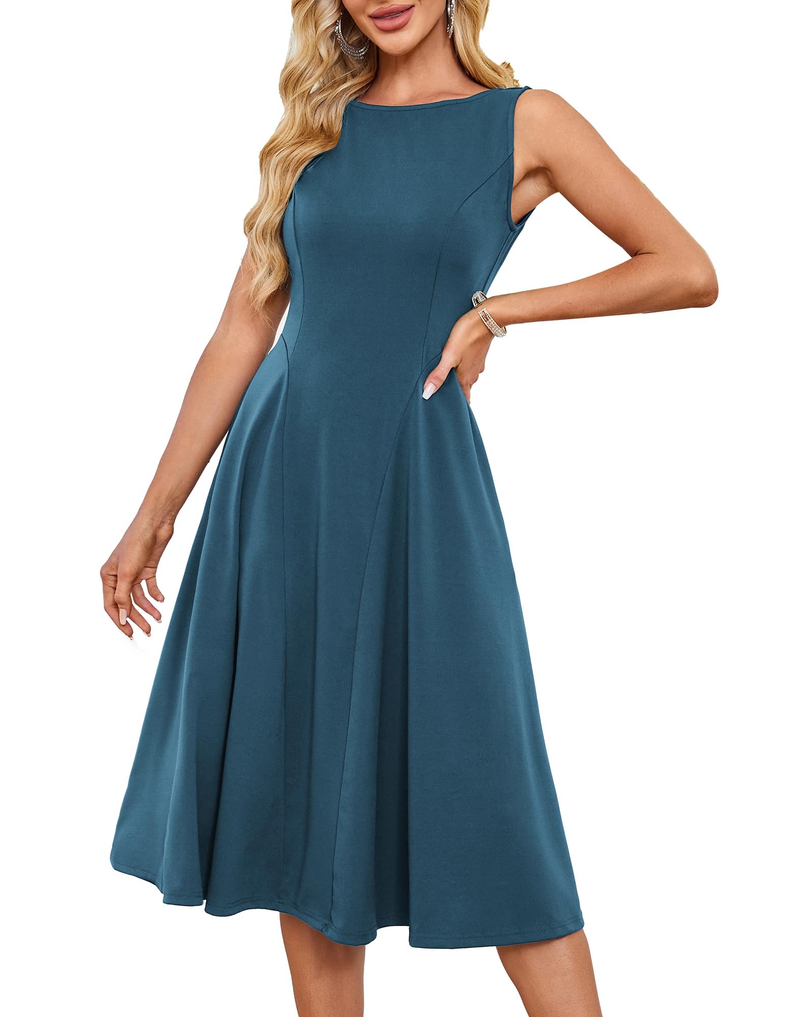 Vestido De Cóctel Grace Karin Fit And Flare, Sin Mangas, Midi Azul-verde - Venta Internacional.