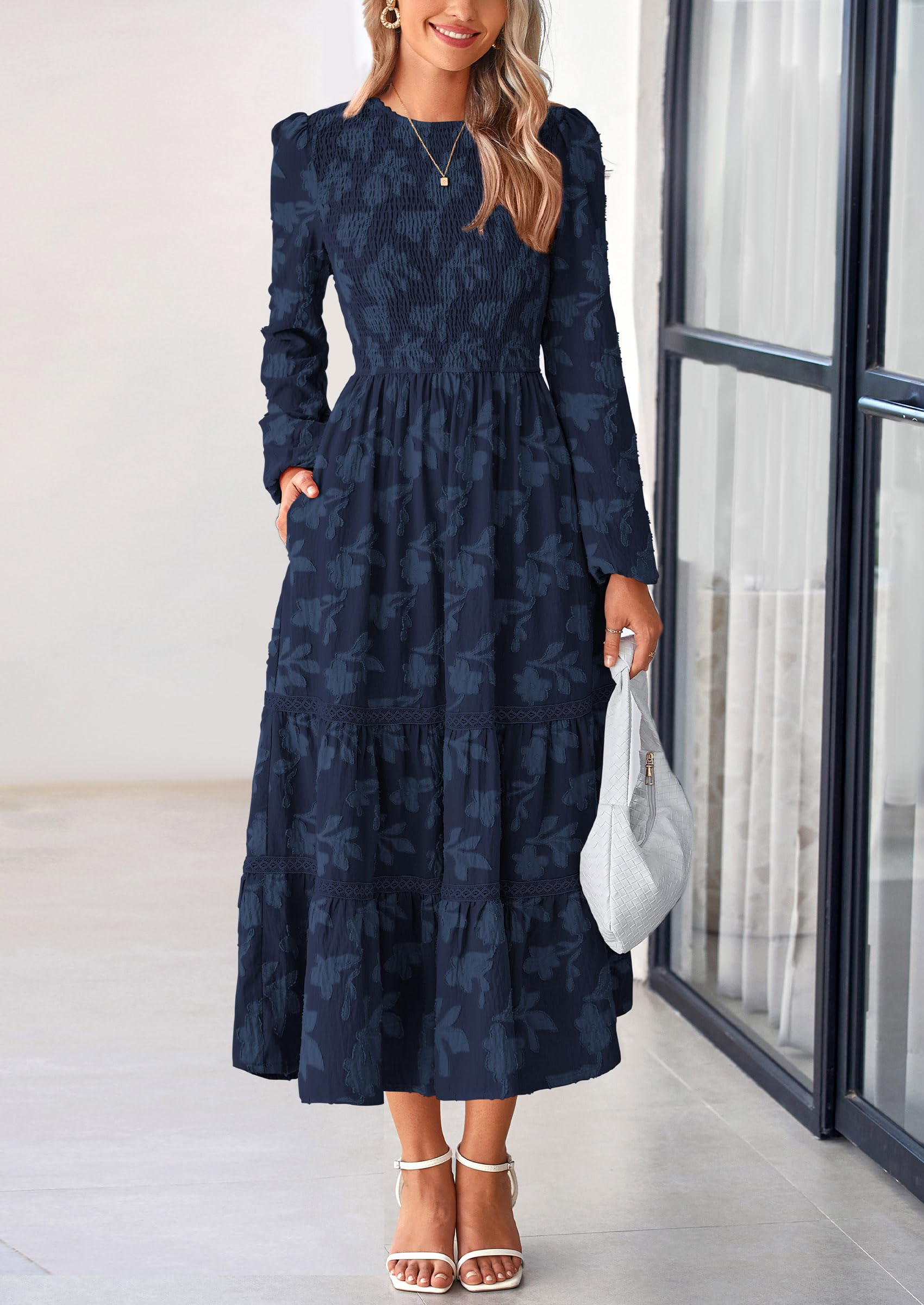 Foto 7 | Vestido Prettygarden Para Mujer, Primavera Y Otoño, Manga Larga, Azul Marino - Venta Internacional.