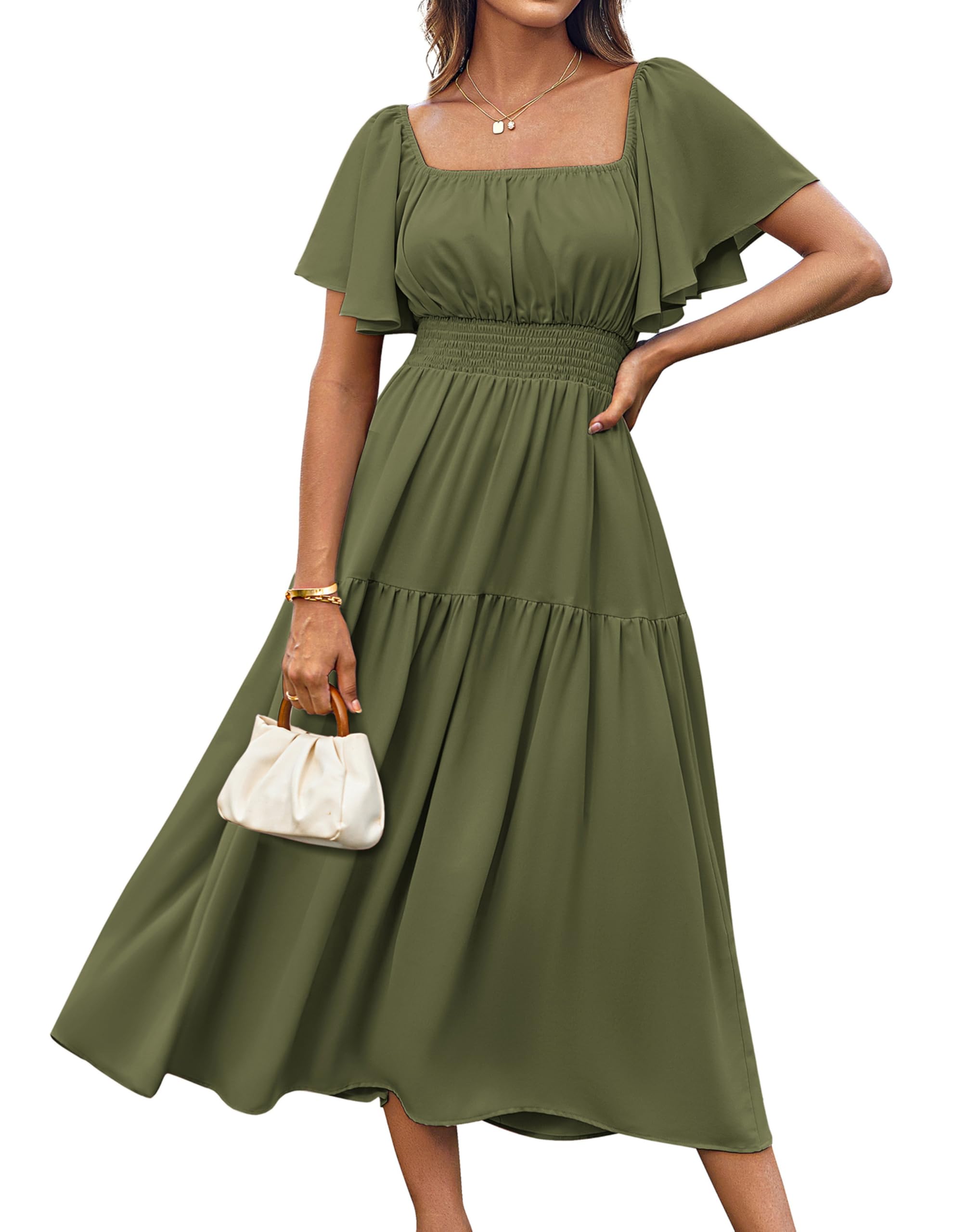 Foto 2 pulgar | Vestido Largo Grace Karin Con Cuello Cuadrado Fruncido En A, Color Verde Militar - Venta Internacional.