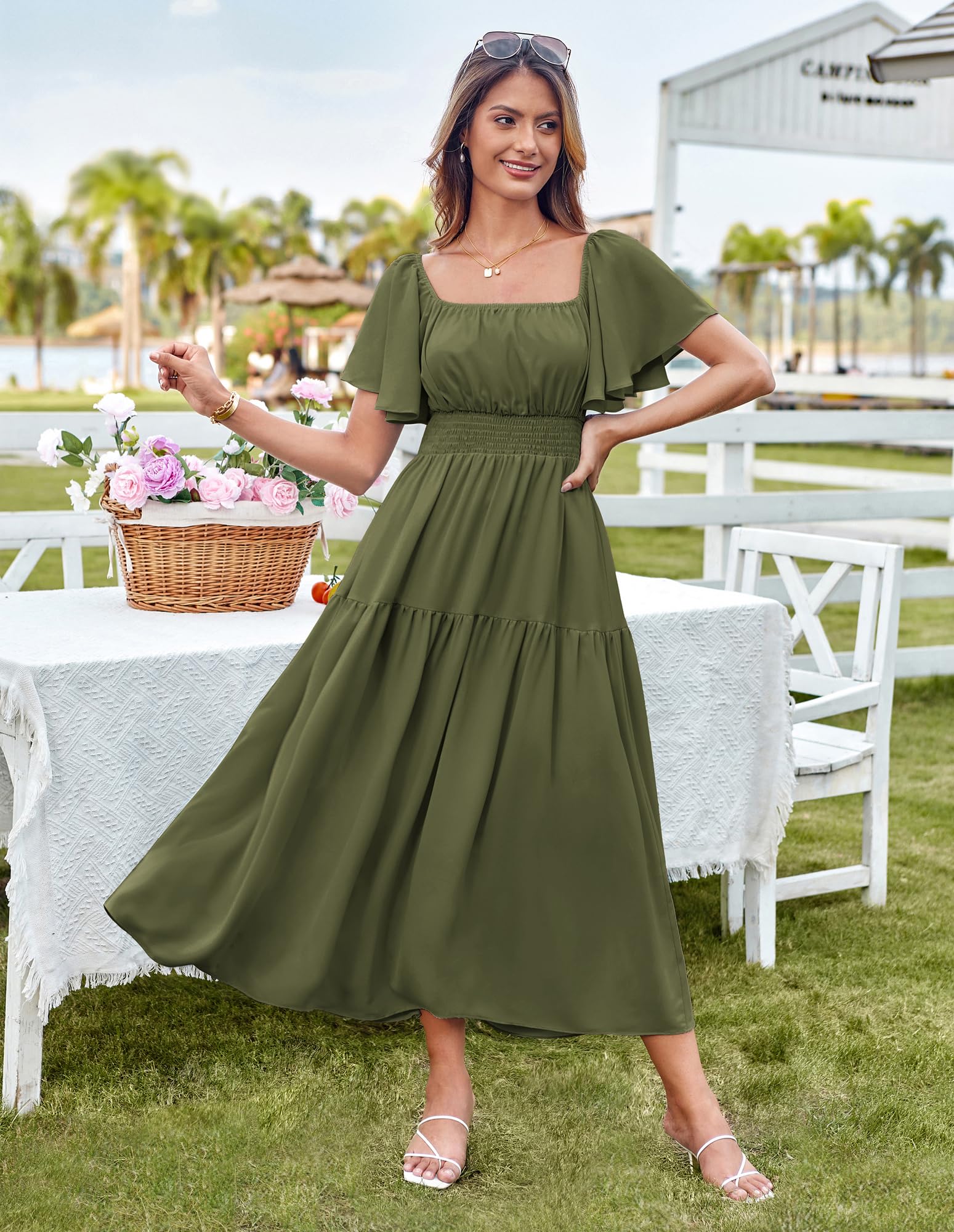 Foto 3 pulgar | Vestido Largo Grace Karin Con Cuello Cuadrado Fruncido En A, Color Verde Militar - Venta Internacional.