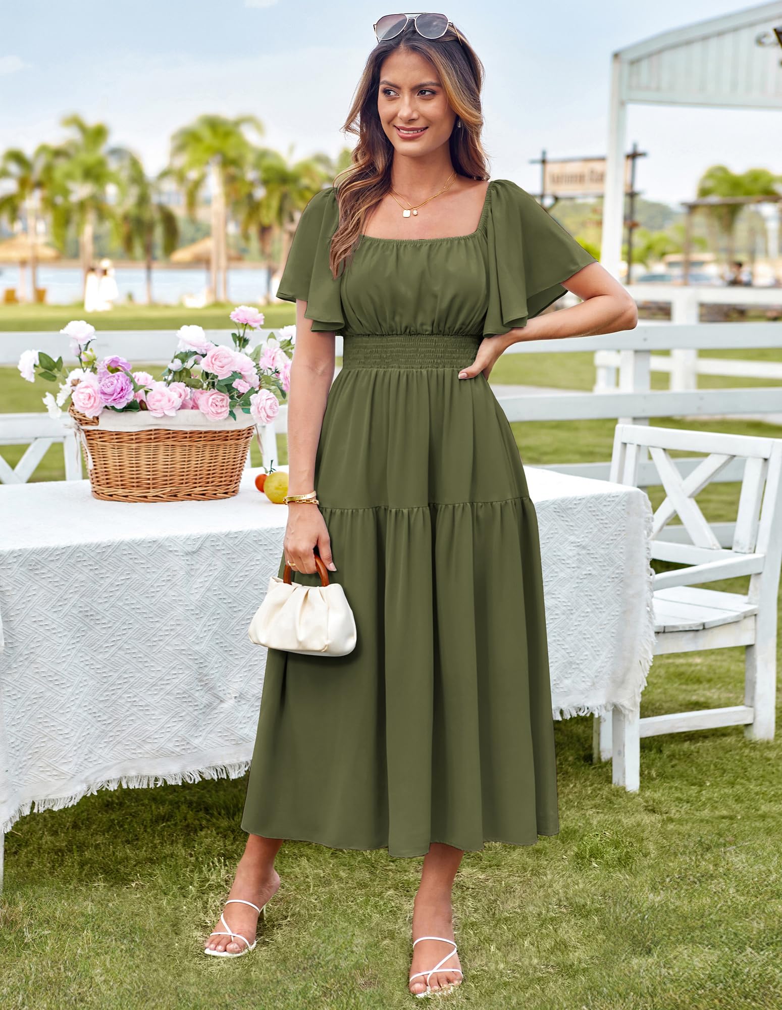 Foto 4 pulgar | Vestido Largo Grace Karin Con Cuello Cuadrado Fruncido En A, Color Verde Militar - Venta Internacional.