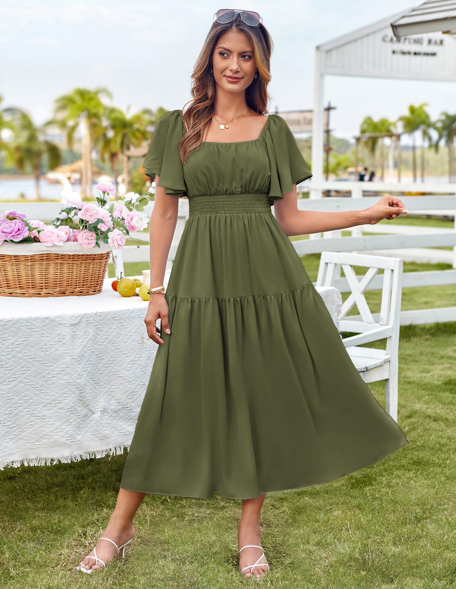 Foto 5 pulgar | Vestido Largo Grace Karin Con Cuello Cuadrado Fruncido En A, Color Verde Militar - Venta Internacional.