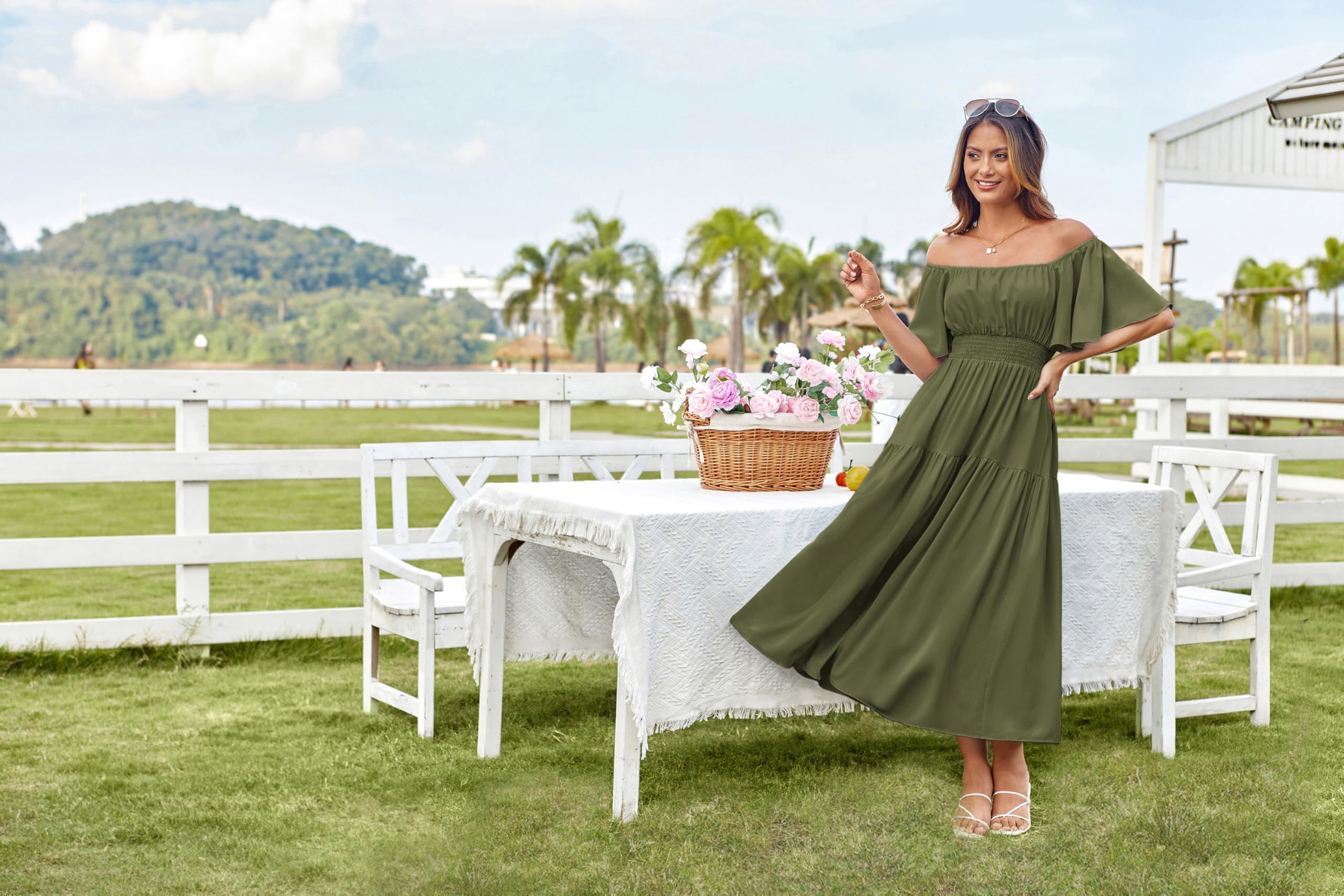 Foto 5 | Vestido Largo Grace Karin Con Cuello Cuadrado Fruncido En A, Color Verde Militar - Venta Internacional.
