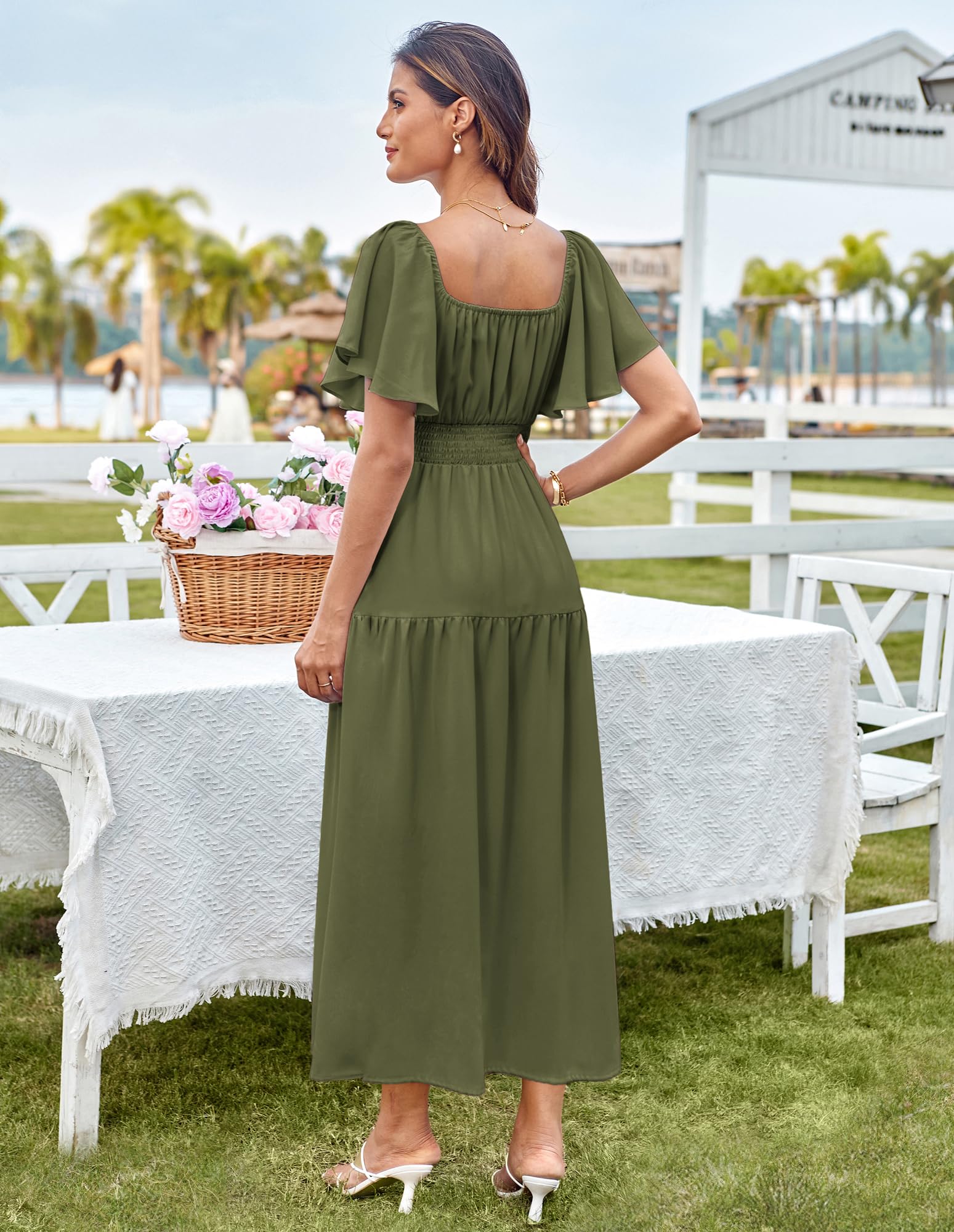 Foto 8 pulgar | Vestido Largo Grace Karin Con Cuello Cuadrado Fruncido En A, Color Verde Militar - Venta Internacional.